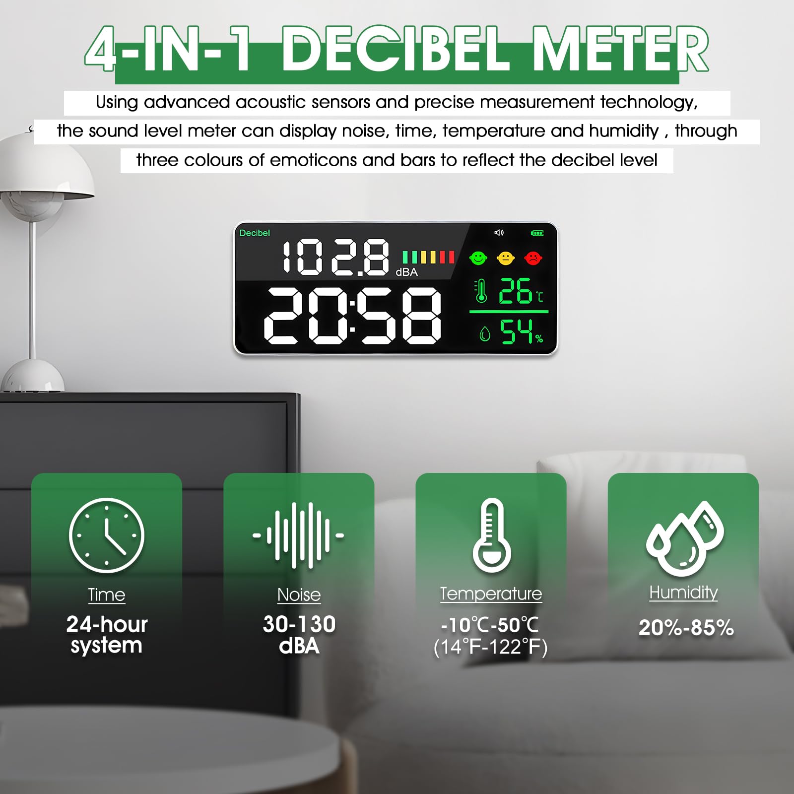 Schallpegelmesser Dezibel Messgerät LED-Bildschirm Helligkeitsanpassung 30-130dBA Bereich 4-in-1 Lärm, Zeit, Temperatur und Luftfeuchtigkeit Geeignet für Haus, Büro, etc