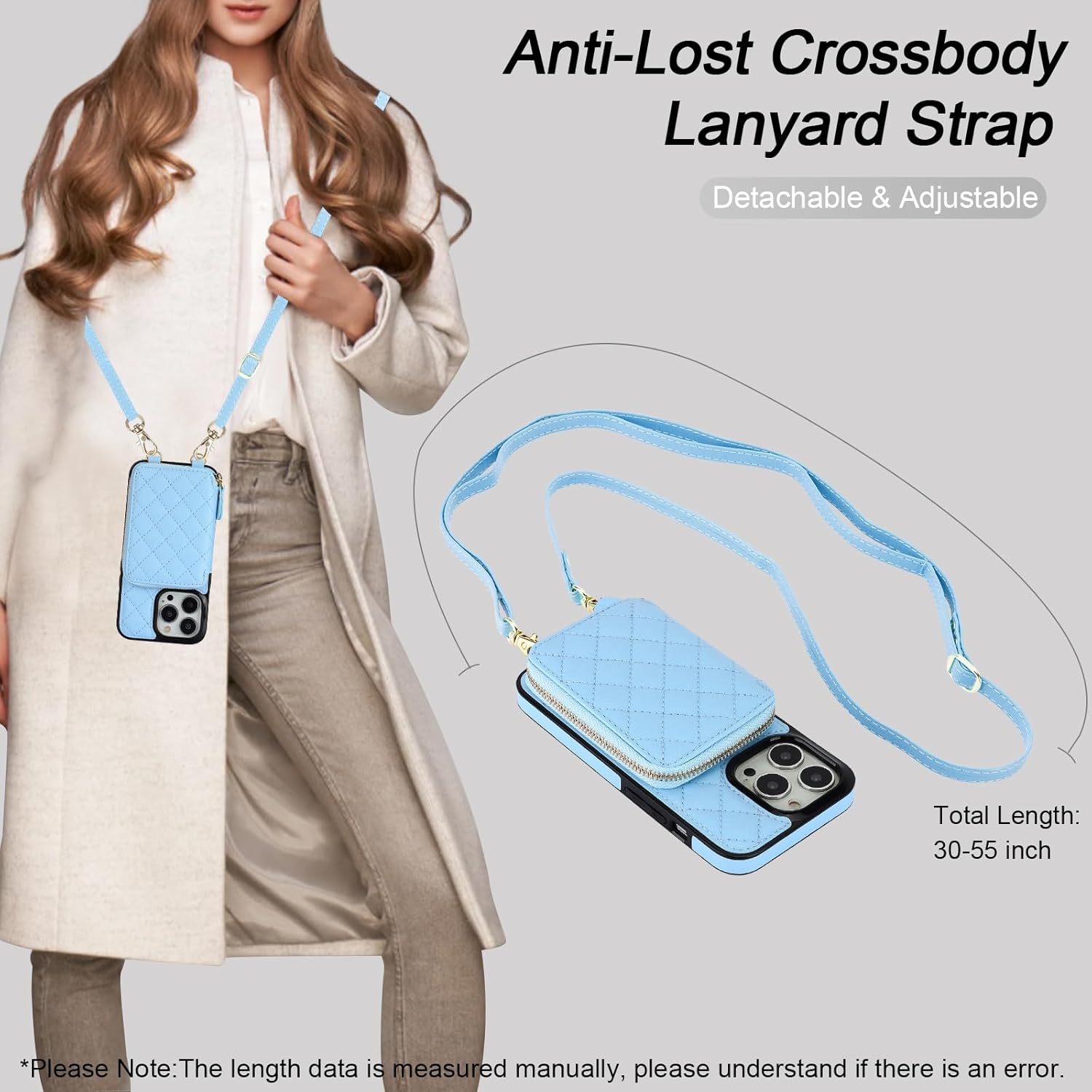 Bocasal Crossbody Wallet Case for iPhone 13 Pro, RFID Blocking PU Leather Zipper Handbag Purse Flip Cover, Kickstand Folio Case with Card Slots Holder Wrist Strap Lanyard 5G 6.1 Inch (Blue)