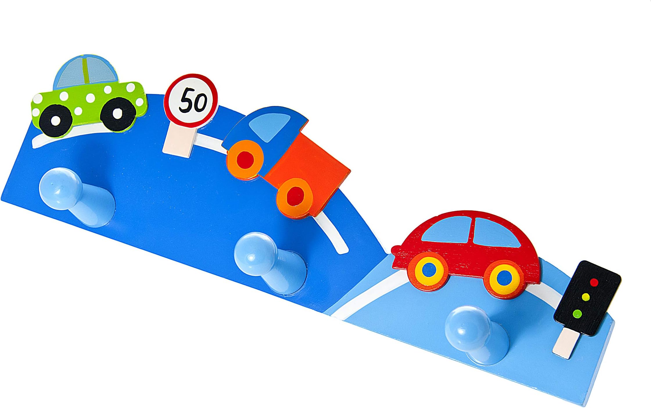 Mousehouse Gifts - Triple Coat Hook Wall Hanger, Car-Themed Wooden Door Hooks for Children's Nursery or Bedroom (Cars)