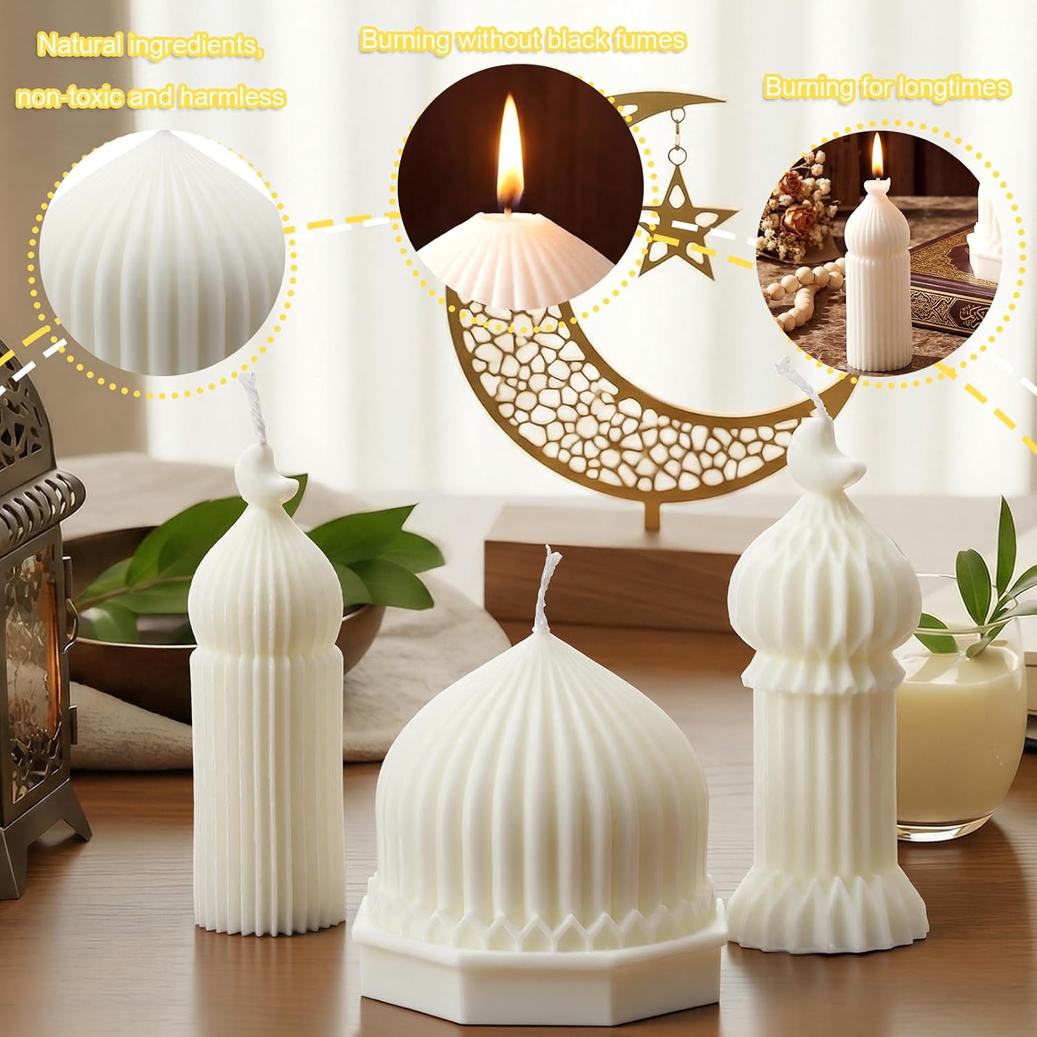 3 Pcs Eid Mubarak Candles Ramadan Decoration Ramadan Mosque Shaped Soy Wax Scented Candle for Eid Islamic Home Decor Gift, Halal Islamic Meditation Table Centerpiece Decor Festive Supplies(White)