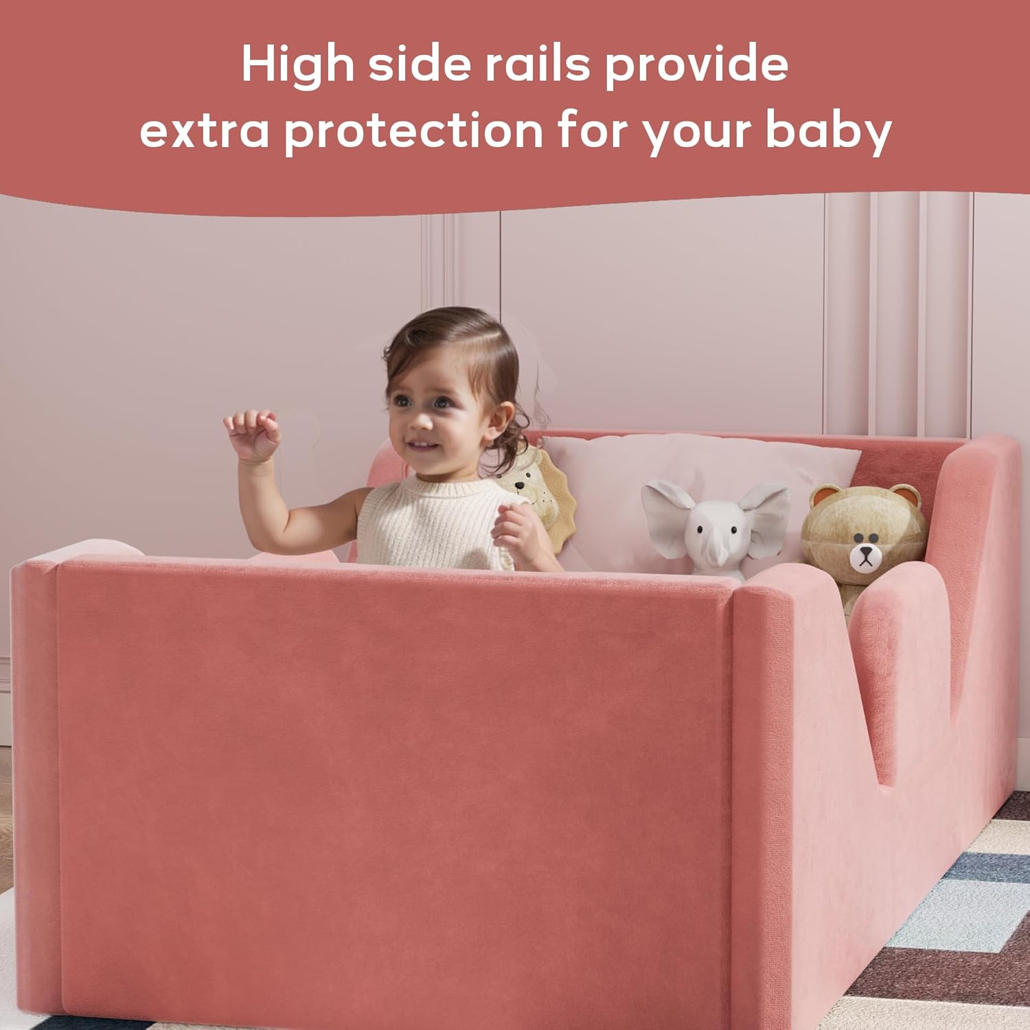 Toddler Bed, Toddler Flood Bed with Extra Safety Broad, Standard Crib Size for Kids, Certified Fabric Toddler Beds, Pink