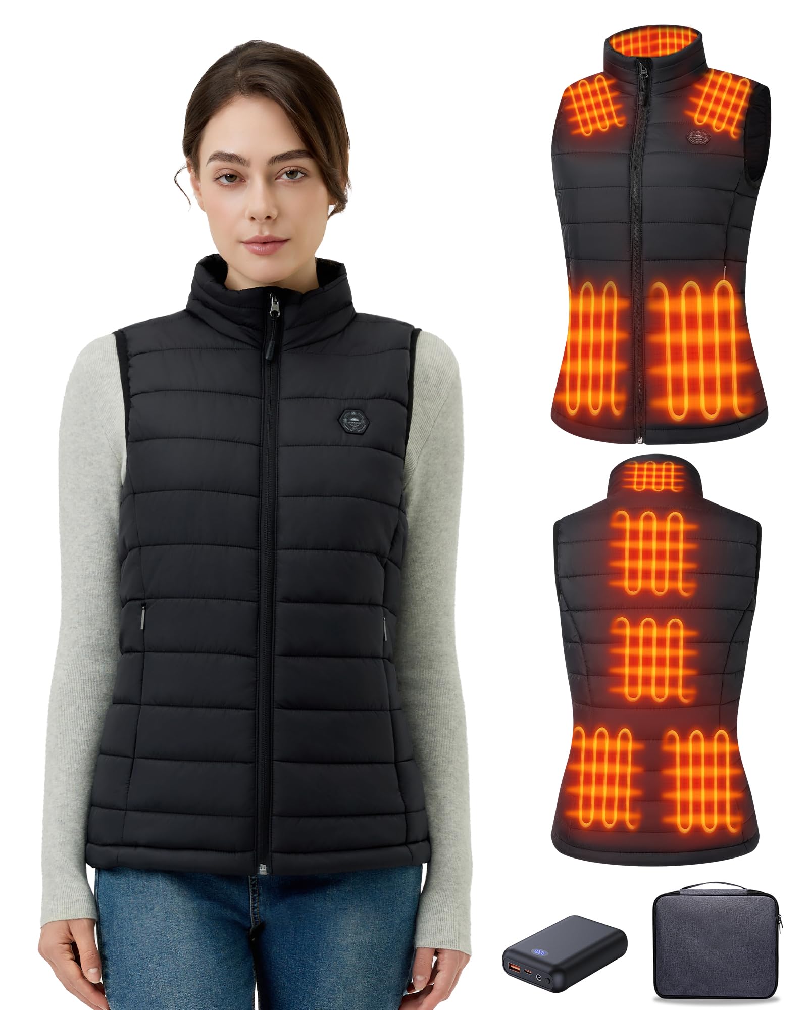 Heated Vest Women, 9 Heating Zones, Horizontal Quilting, Nylon
