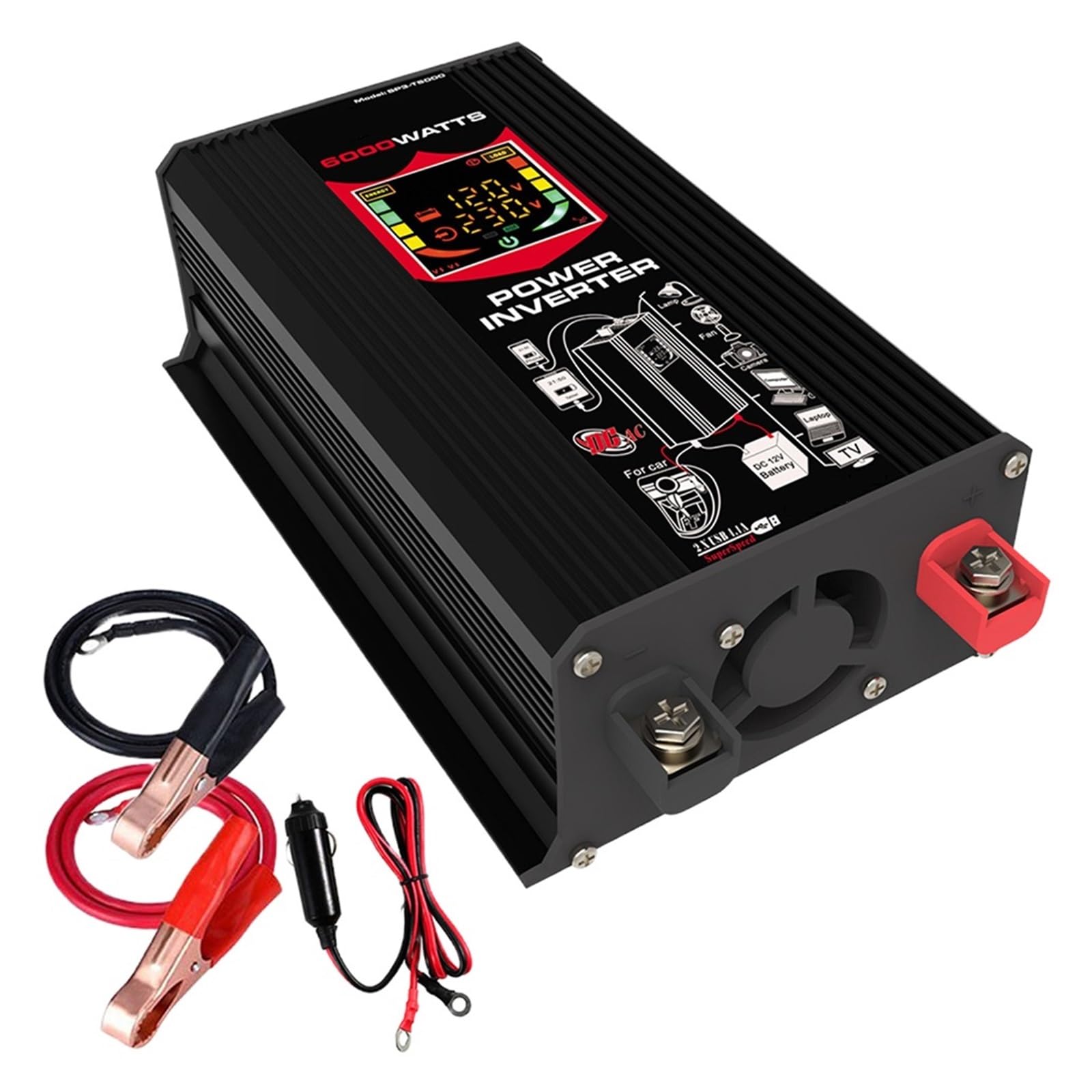 6000W Falownik Samochodowy Zmodyfikowany Konwerter Sinusoidalny DC 12V Na AC Transformator Napięcia Samochodu Wyświetlacz LCD Do Telefonu Bezpieczne Niezawodne Wszechstronne Zastosowanie(Black 12V)