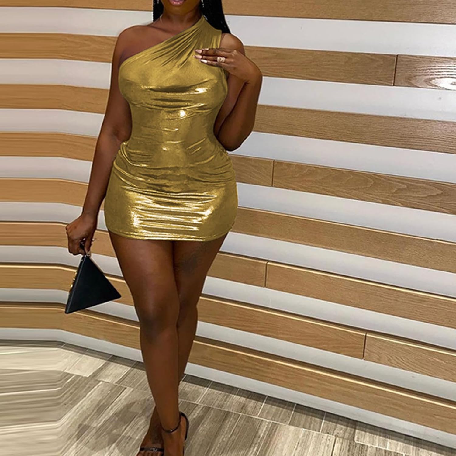 Women’s Metallic Sexy One Shoulder Short Dress Sleeveless Bodycon Club Mini Dresses - Image 3