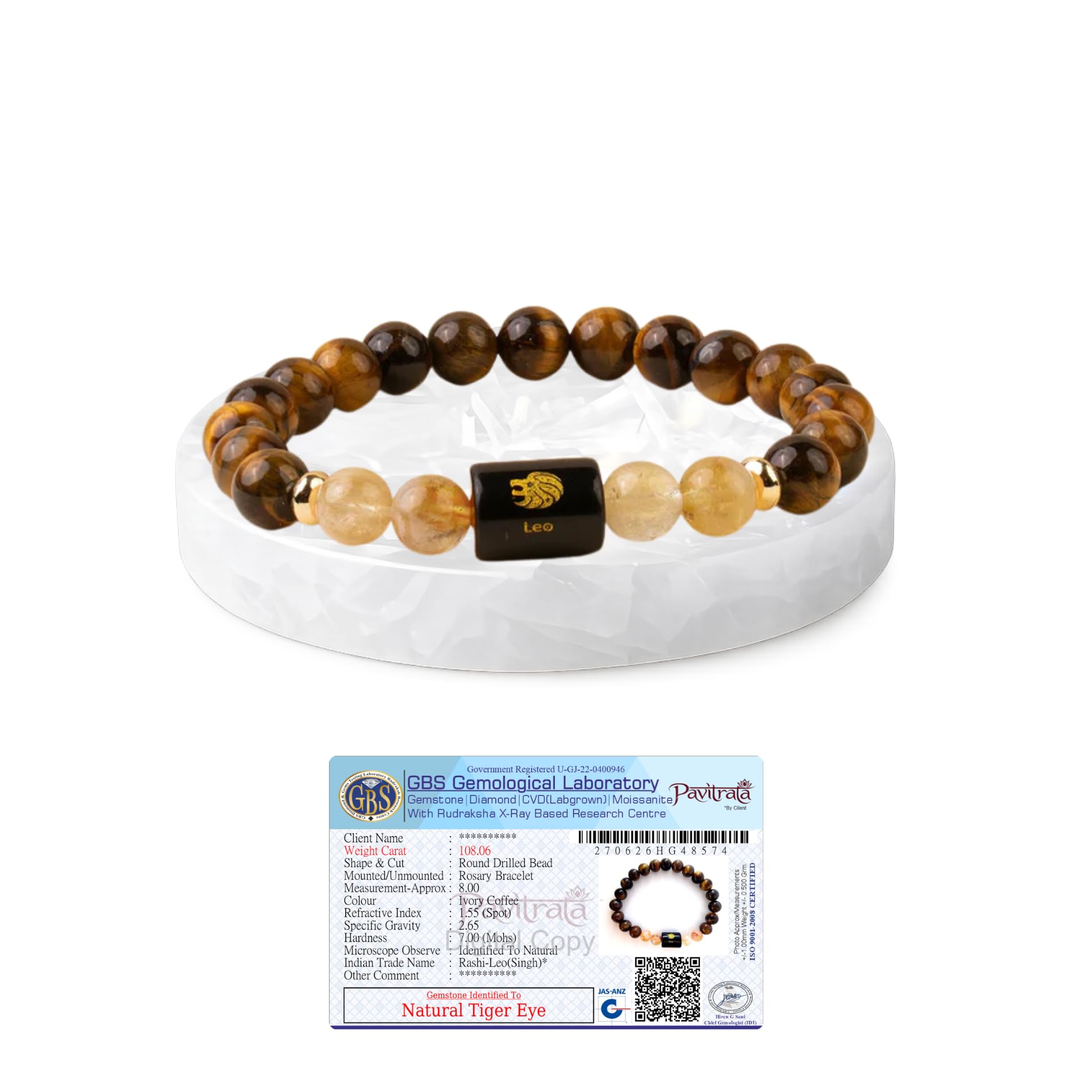 Leo (सिंह राशि) Zodiac Bracelet With Salenite Plate | Tiger Eye & Citrine | For Clear Focus & Emotional Balance | Astrology Bracelet For Men & Women | Gift for Men & Women-image-0