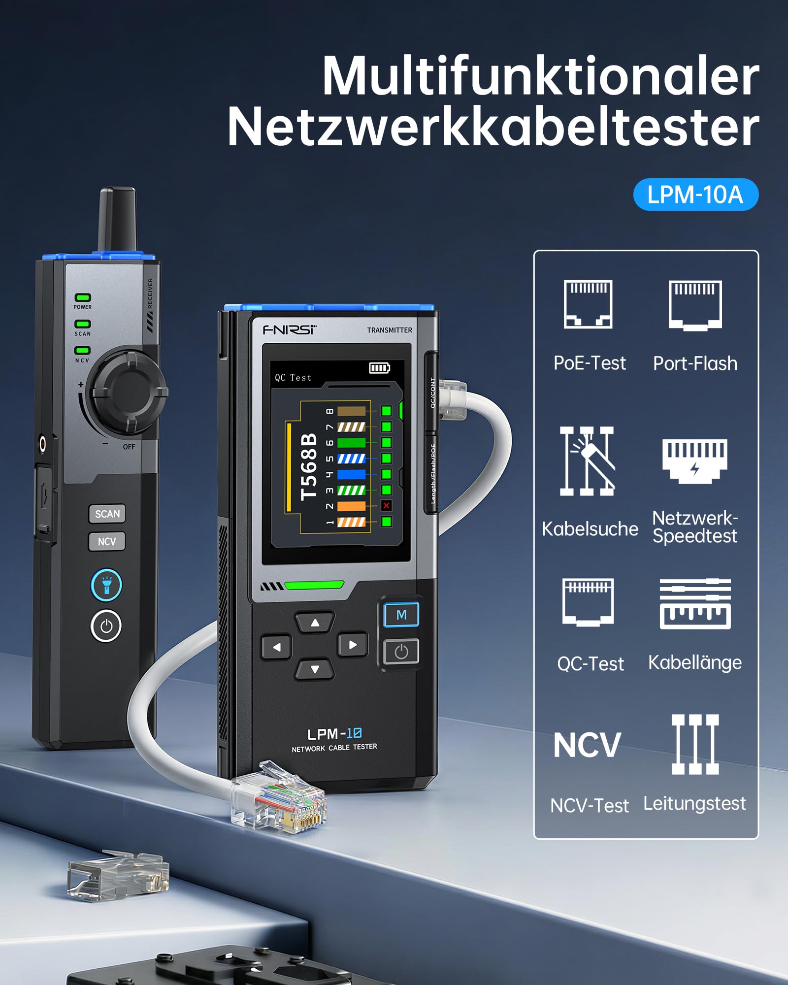 FNIRSI LPM-10A Netzwerktester Kabeltester RJ45 RJ11 LAN Ethernet Tester CAT5 CAT6 PoE NCV Längentest wiederaufladbar