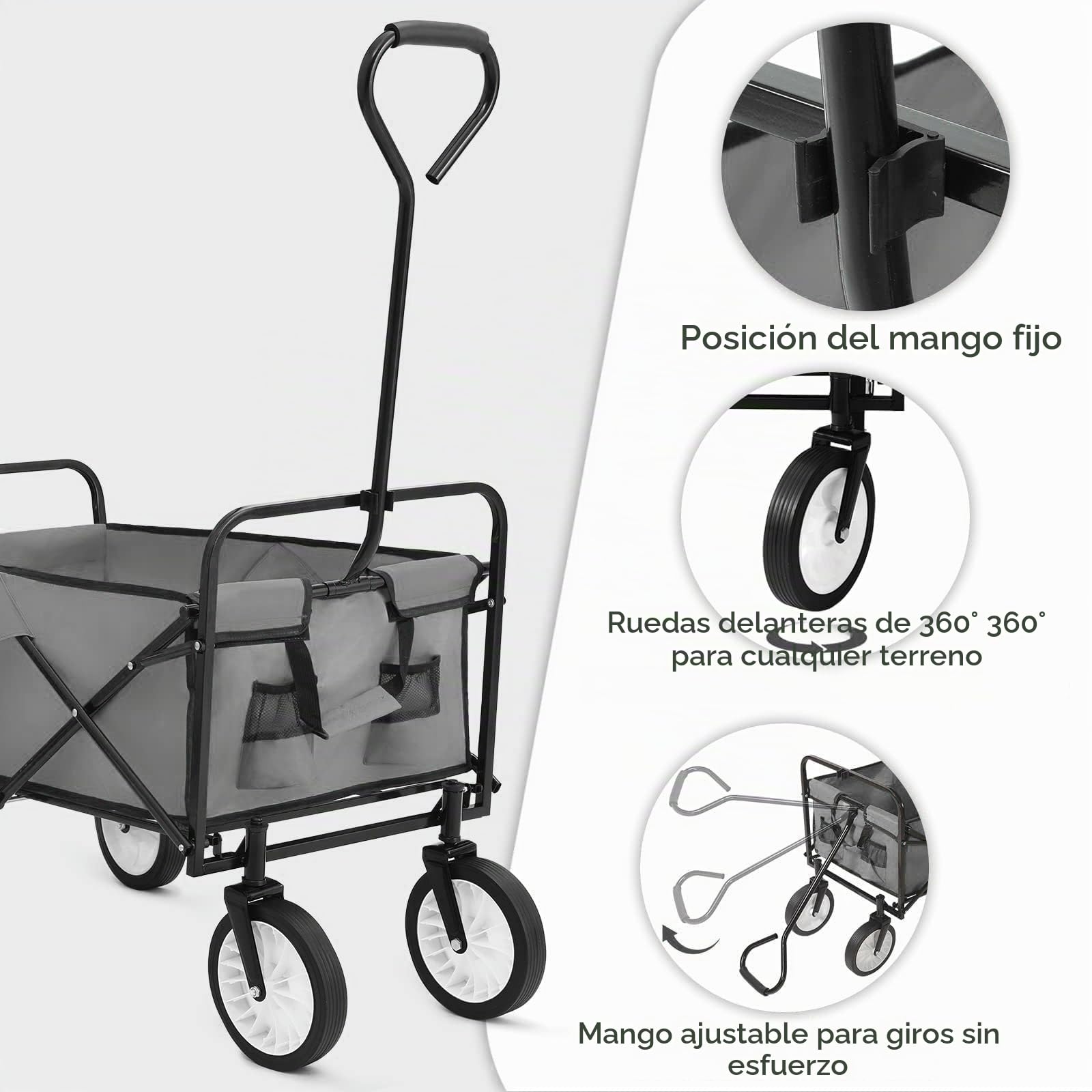 Carro Plegable para Jardín y Playa Todo Terreno | Carrito de Transporte de Gran Capacidad 98L (Carga Máxima 80 kg) | Vagoneta para Camping, Compra y Exterior con Bolsillos Laterales, Gris