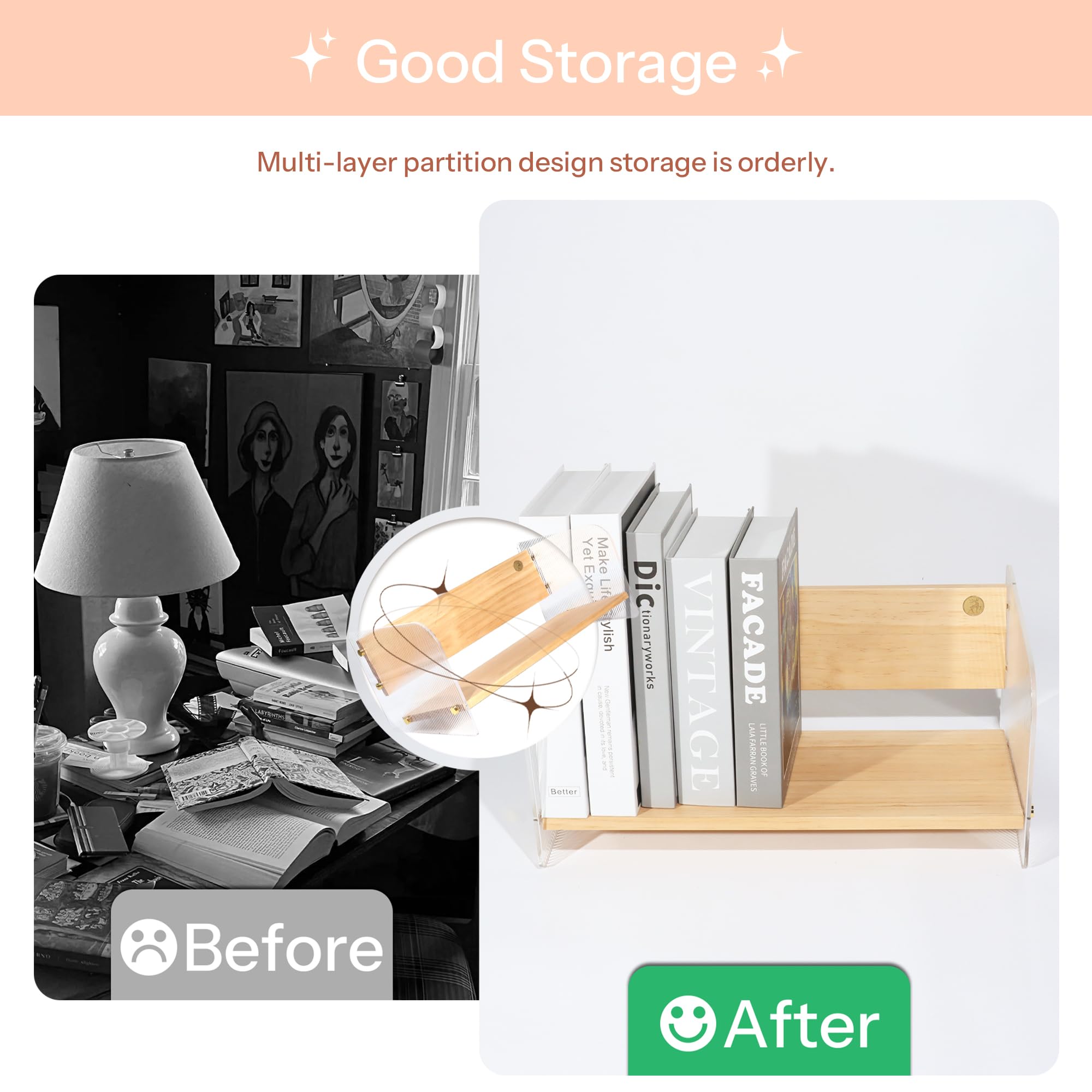 Piccolo scaffale per libri, mensole da scrivania per piccoli spazi, organizer per libri per casa e ufficio, in acrilico combinato con librerie in legno di pino, espositore per libri per