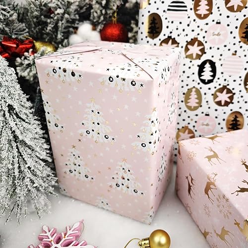 Miniatura 7 de LDGOOAEL Rollo pequeño de papel de regalo de Navidad con líneas de corte en el reverso (17 x 120 pulgadas por rollo), papel de regalo rosa con