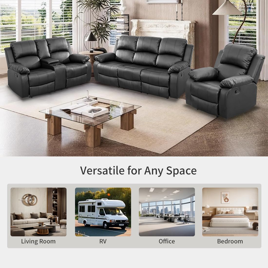 Toseslo Manual Reclining Couch Sofa Set with Drop-Down Table, 3 Pieces Black Leather Recliner Couch Sets, Living Room Furniture Sets, Recliner Sofa with Storage Console/Cup Holder for Home/Apartment view 6