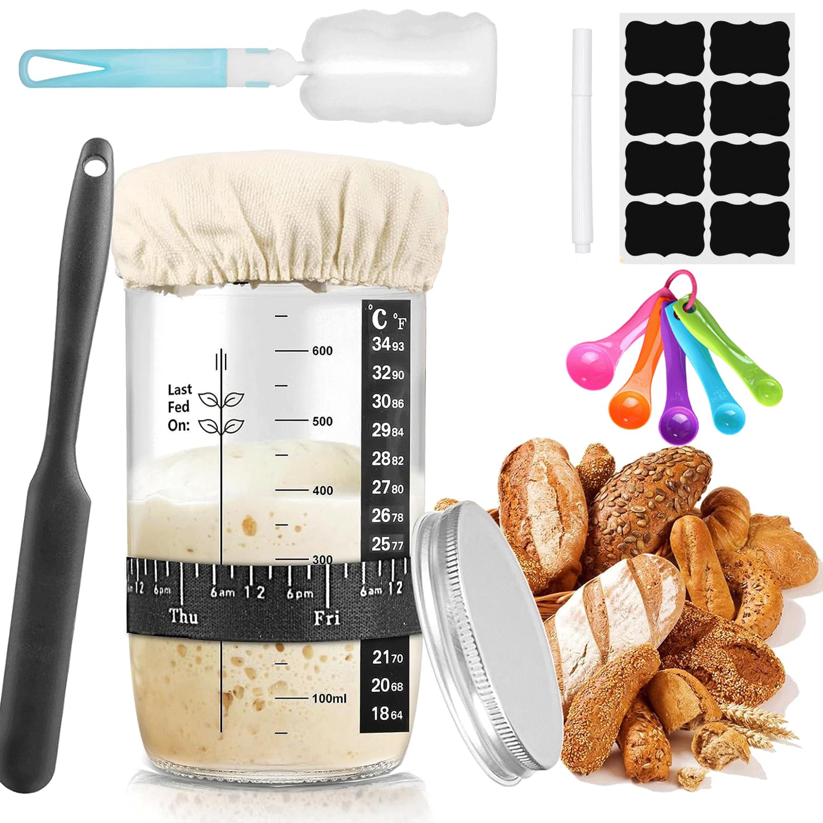 Behiruch Sauerteig Starter Set, 730 ml Fermentierglas | Brot Backen Accessories,Glass Jar, Aluminium Lid,Yeast Cloth, Temperature Band, Dated Feeding, Wiederverwendbares Backzubehör