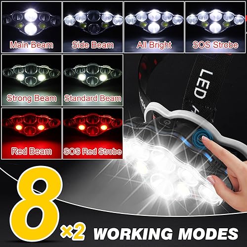 Miniatura 5 de Linterna frontal recargable, 18000 lúmenes, lámpara de cabeza brillante de 8 LED, 16 modos de luz ajustable con sensor de movimiento con luz roja,
