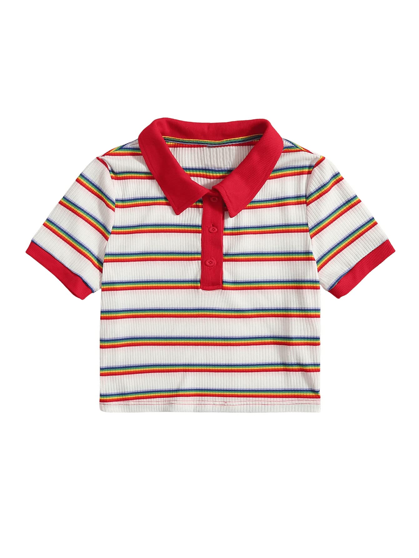 SweatyRocks Women's Collar Half Button Short Sleeve Striped Crop Top T-Shirts