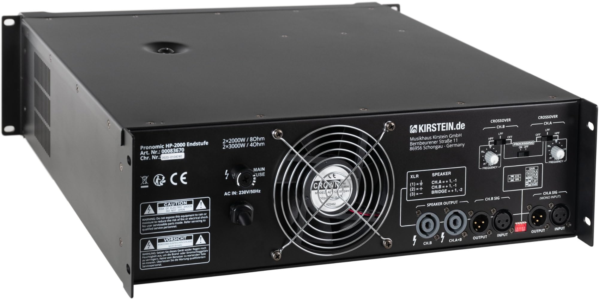 Pronomic HP-2000 Finale 2x 3000 Watt - Potenza in uscita (4 Ohm): 2x 3000 Watt - Filtri passa-alto/basso commutabili con frequenza crossover regolabile - Guadagno d'ingresso selezionabile - Nero