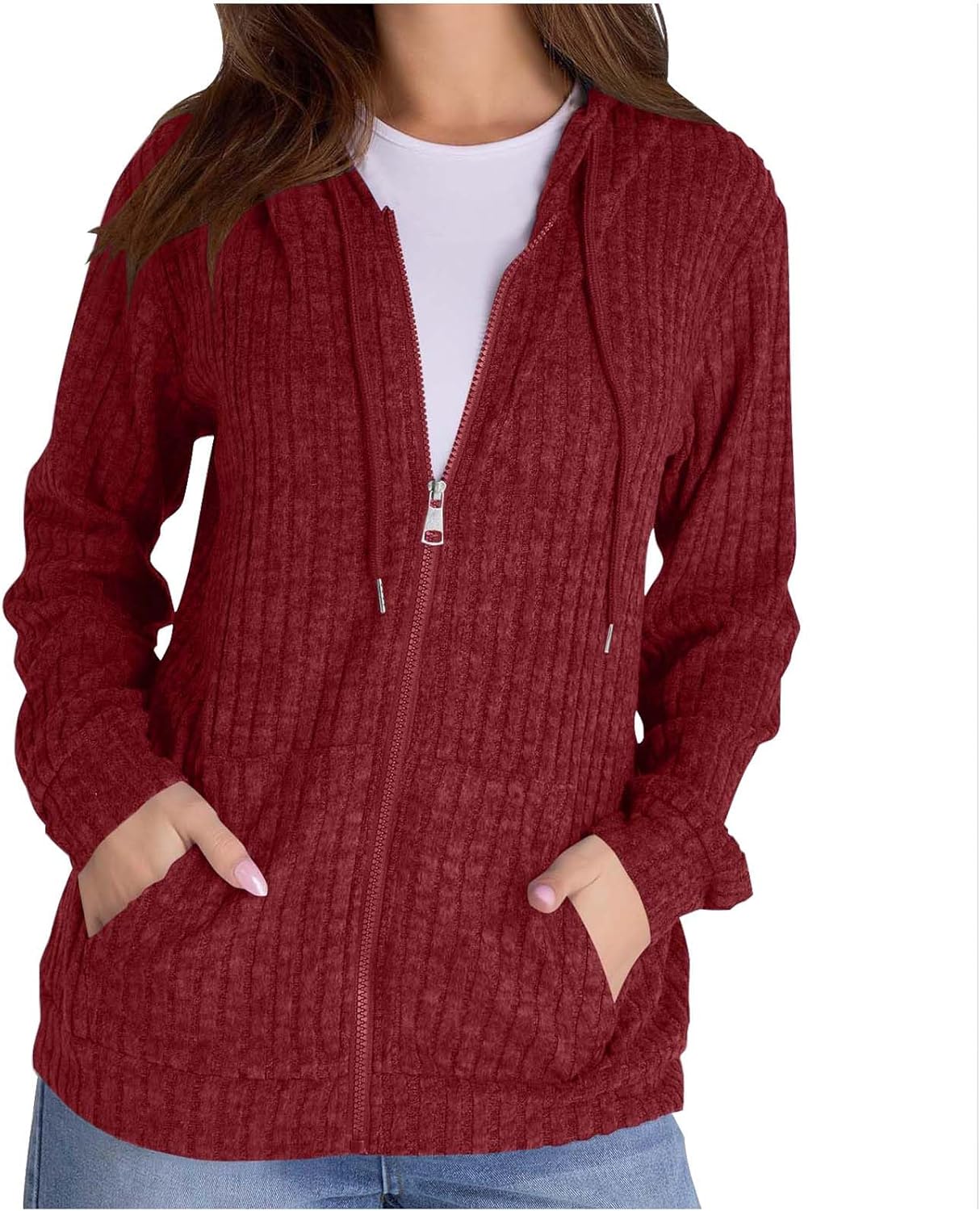 Sinzelimin Womens Knitted Brushed Stripes Sweater Cardigan Fashion Zipper Lightweight Drawstring Hoodies Jackets Blouse Tops