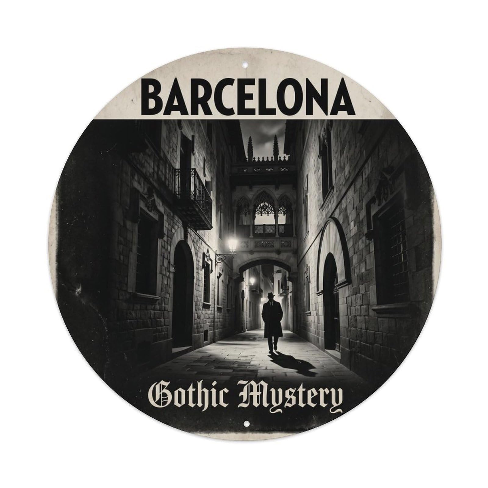 Yrnq Vintage Style Vintage Travel Barcelona Gothic Quarter Vintage Metal Tin Sign Plaque Wall Decor For Cafe, Club, Garden Round Metal Poster 8X8inch