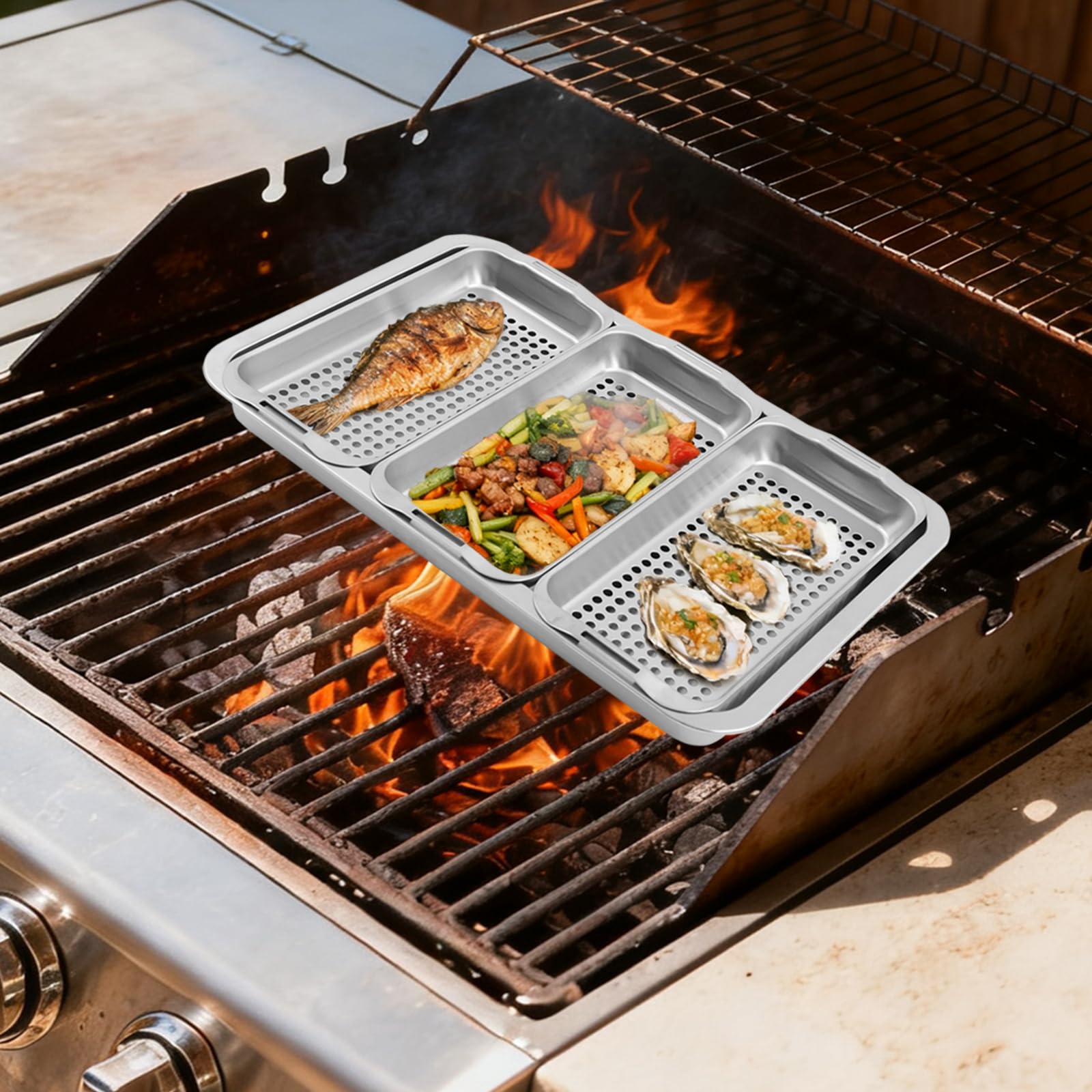 Set di 3 ciotole per barbecue, in acciaio inox, per barbecue, per esterni, accessori per verdure, pesce o carne, griglia per barbecue a gas