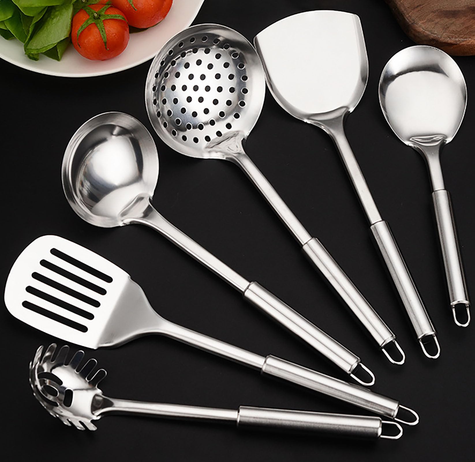 Set di 11 utensili da cucina in acciaio inox, utensili da cucina professionali con manici resistenti al calore, finitura lucida, design con foro per appenderlo, include spatole, cucchiai scanalati