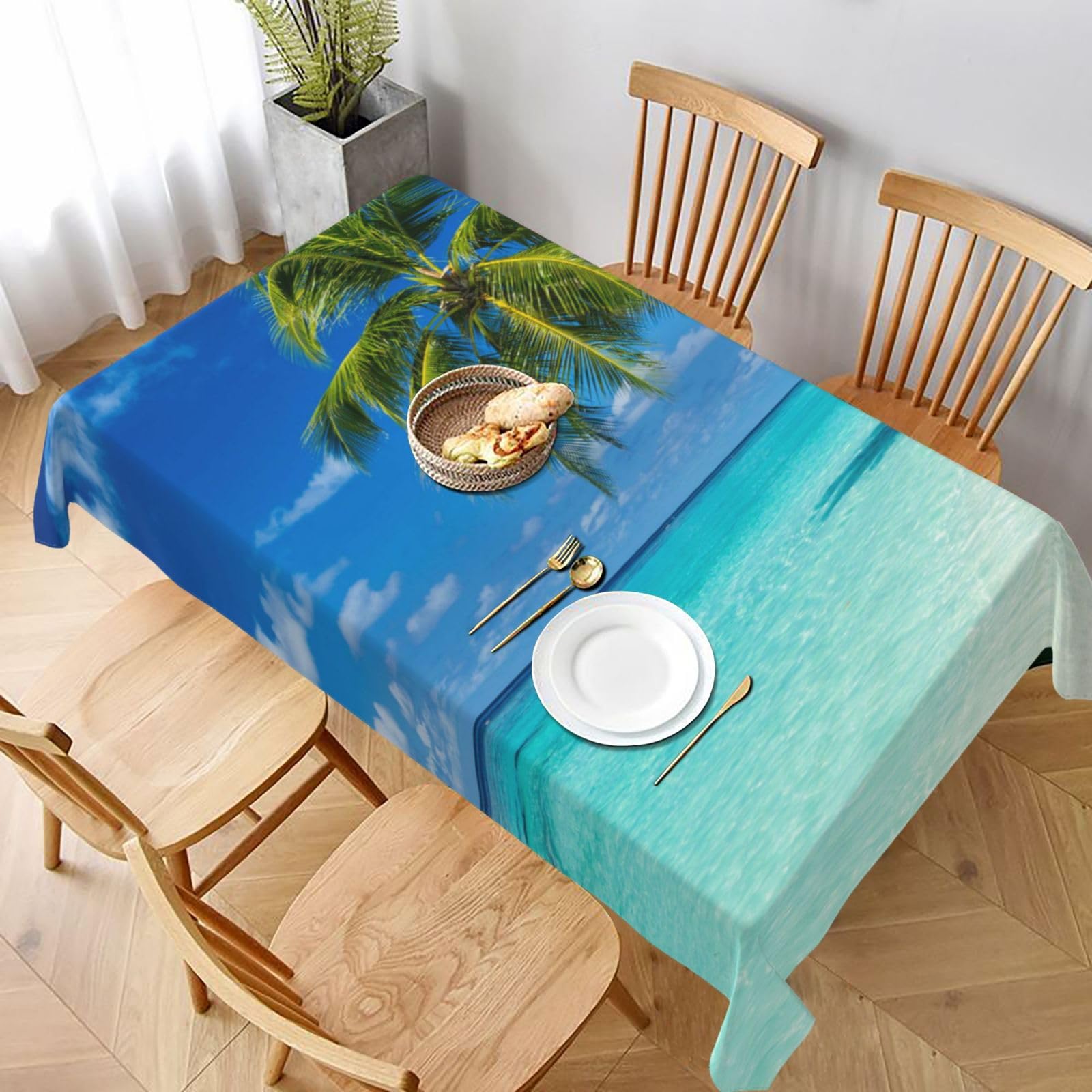 BNVSADC Romantic Beach Printed Rectangle Tablecloth 228x152 CM, Water Resistant Polyester Table Cloth Decorative Fabric Table Covers for Kitchen Dining Table Parties Camping