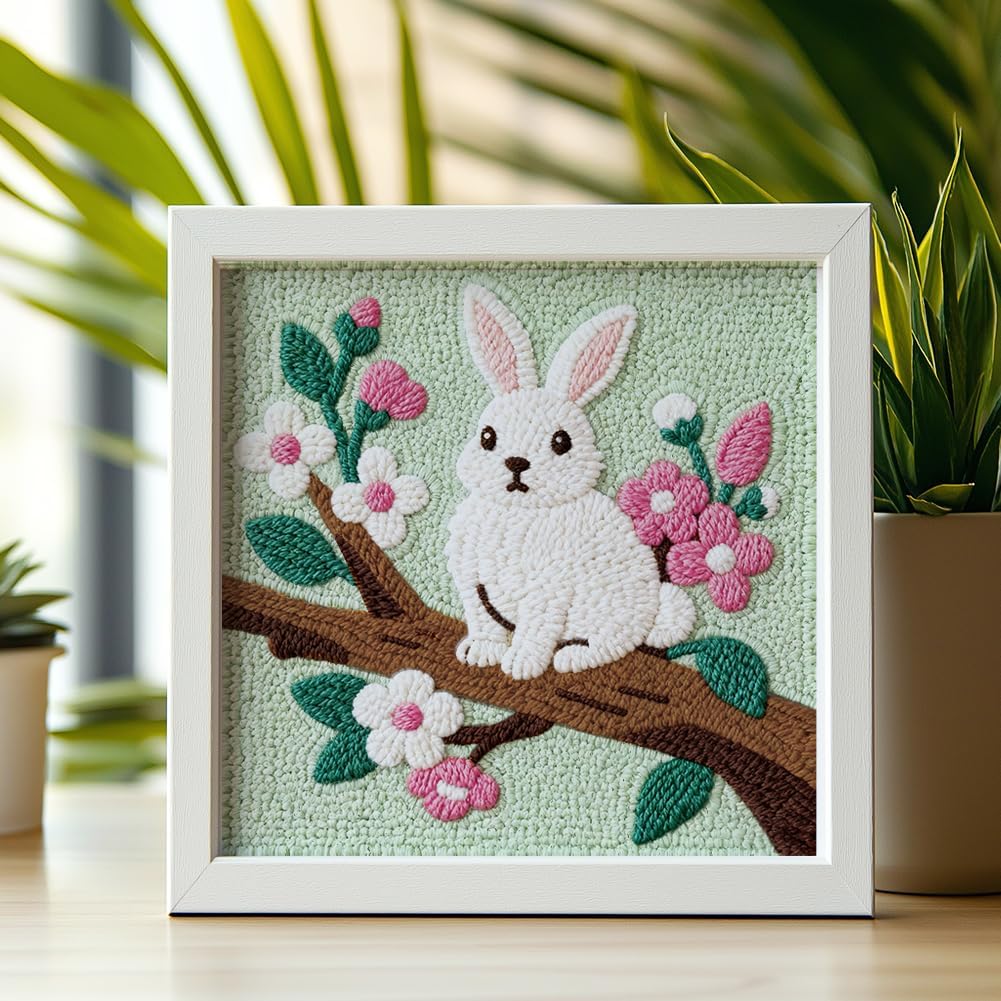 DOODLREAM Rabbit On Branch DIY Punch Needle Embroidery Kit for Adult Beginner, 9.4" Bunny Flower Punch Stitching Craft Set for Starter with Frame,Fabric Pattern,Threader, Yarn, Pinch Needle