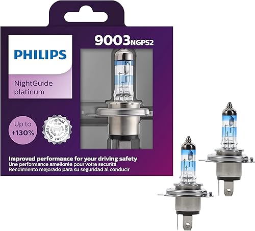 Philips Automotive Lighting 9003 NightGuide Platinum - Bombilla de repuesto para faros delanteros, se adapta a posiciones seleccionadas de luz alta,