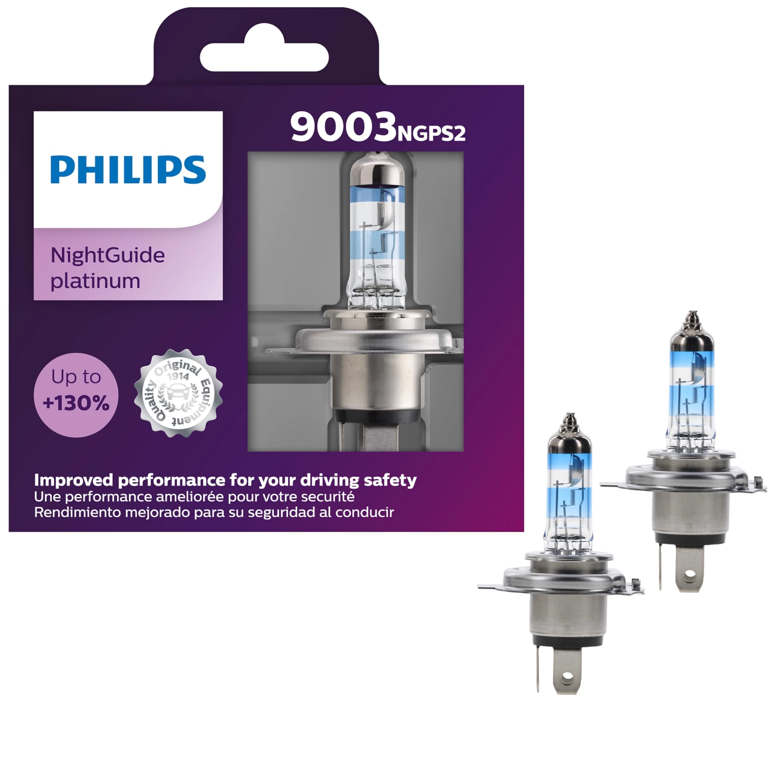 Philips Automotive Lighting 9003 NightGuide Platinum Premium Upgrade Automotive Replacement Headlight Bulb, Fits Select High Beam, Low Beam, and Fog Positions (Pack of 2)