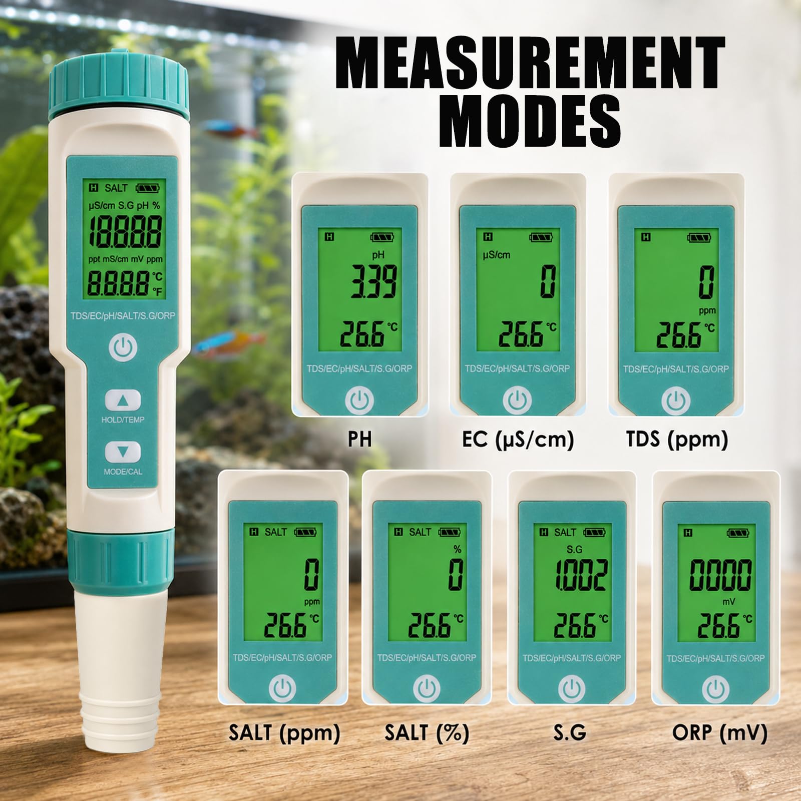 Testeur Eau 7-en-1 pH TDS EC ORP Salinité SG Temp | Étanche IP67, Calibrage Auto, Écran Rétroéclairé, Sonde Remplaçable, ATC, Poudres Calibrage pH Incluses.