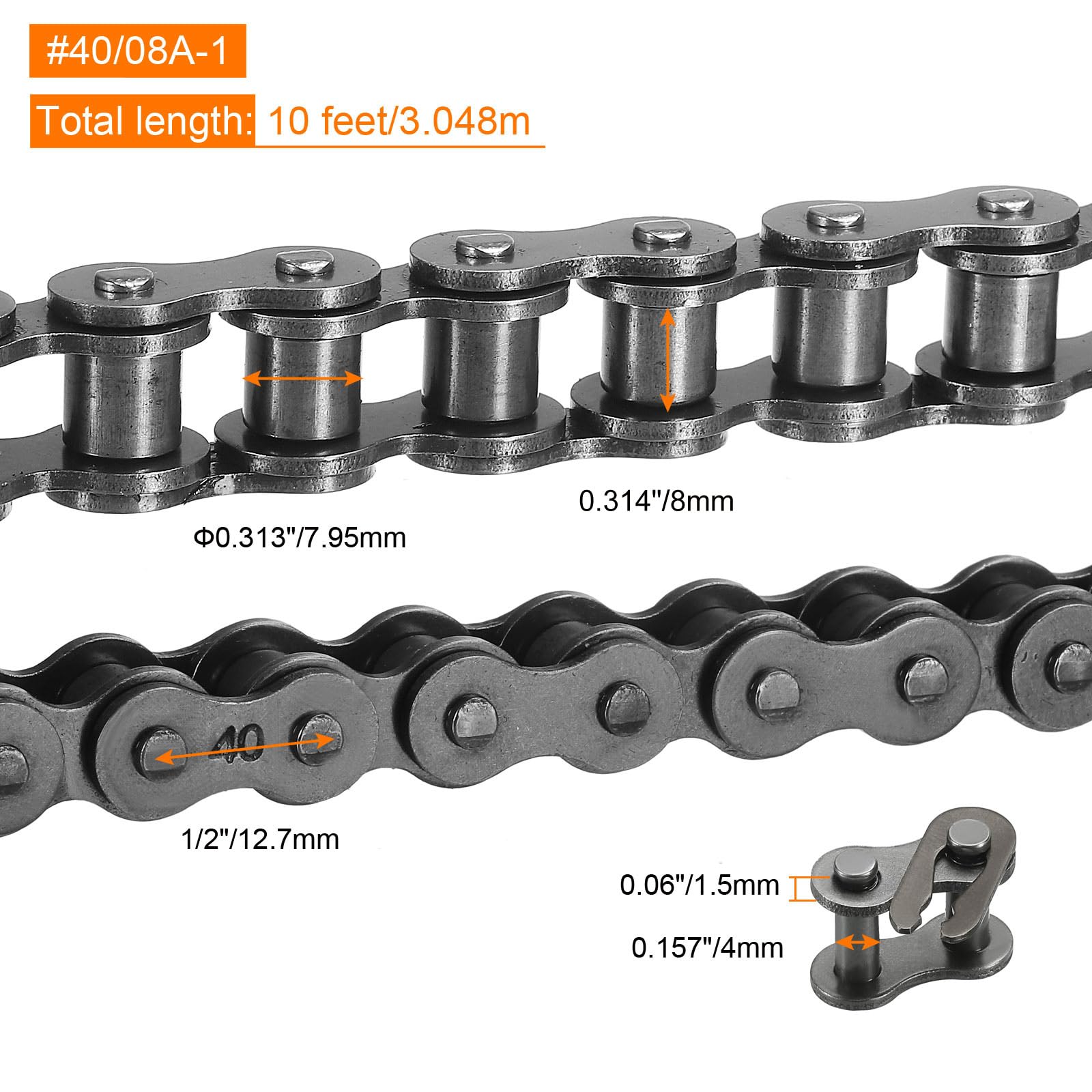 QUARKZMAN Cadena de Rodillos #40/08A-1 de 10 Pies de Longitud, Paso de 1/2" de Acero al Carbono con 242 Eslabones y Enlace Maestro Gratuito para Bicicletas, Motocicletas