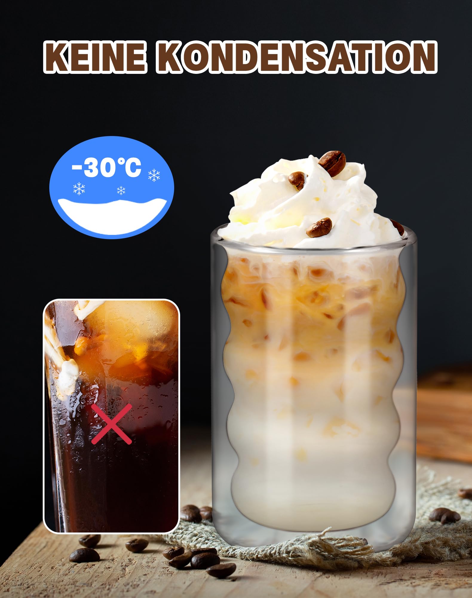 GEYUEYA Set 4 Bicchieri Latte Macchiato A Doppia Parete 350ml Con 4 Cucchiai - Calici Termici In Vetro Borosilicato Per Caffè, Tè, Bevande Fredde (Regalo Ideale)