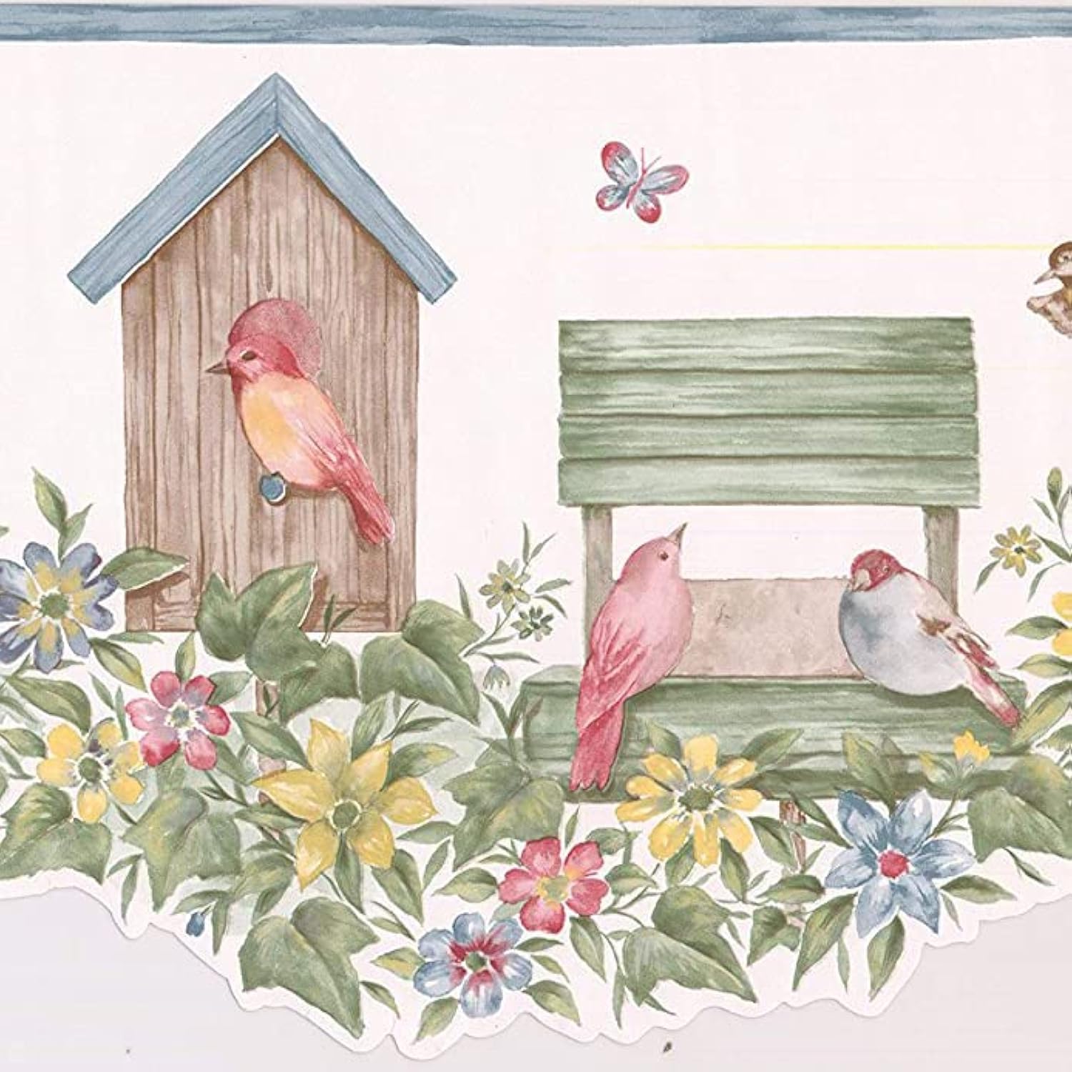Cenefa de papel pintado con pájaros beige para decorar un salón acogedor