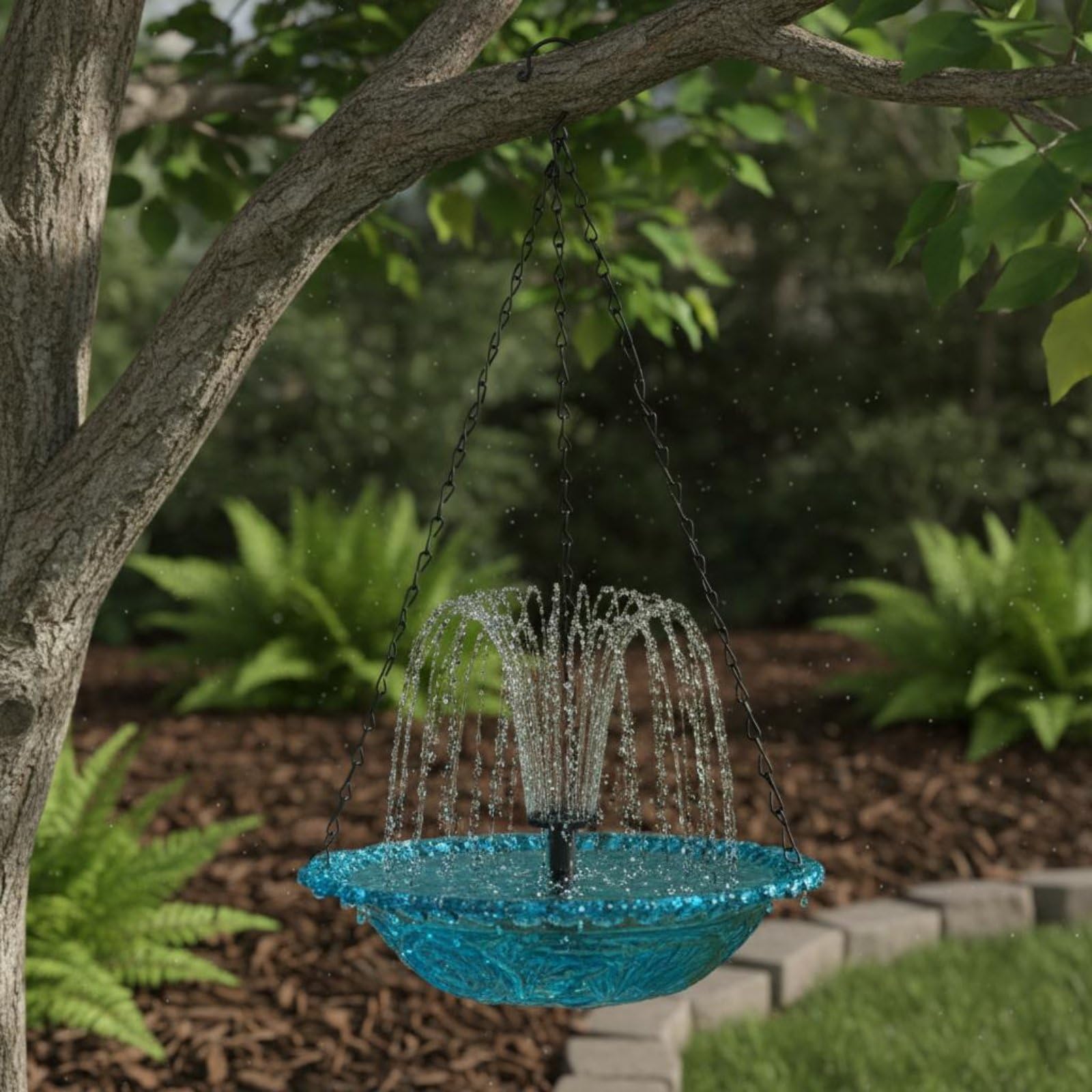 Hängende Vogeltränke Vogelbad Futterspender Wasserschale Brunnen Solar Modul Integriert Autonomer Betrieb Stabile Metallkette Komplettes Set für Garten Balkon Terrasse