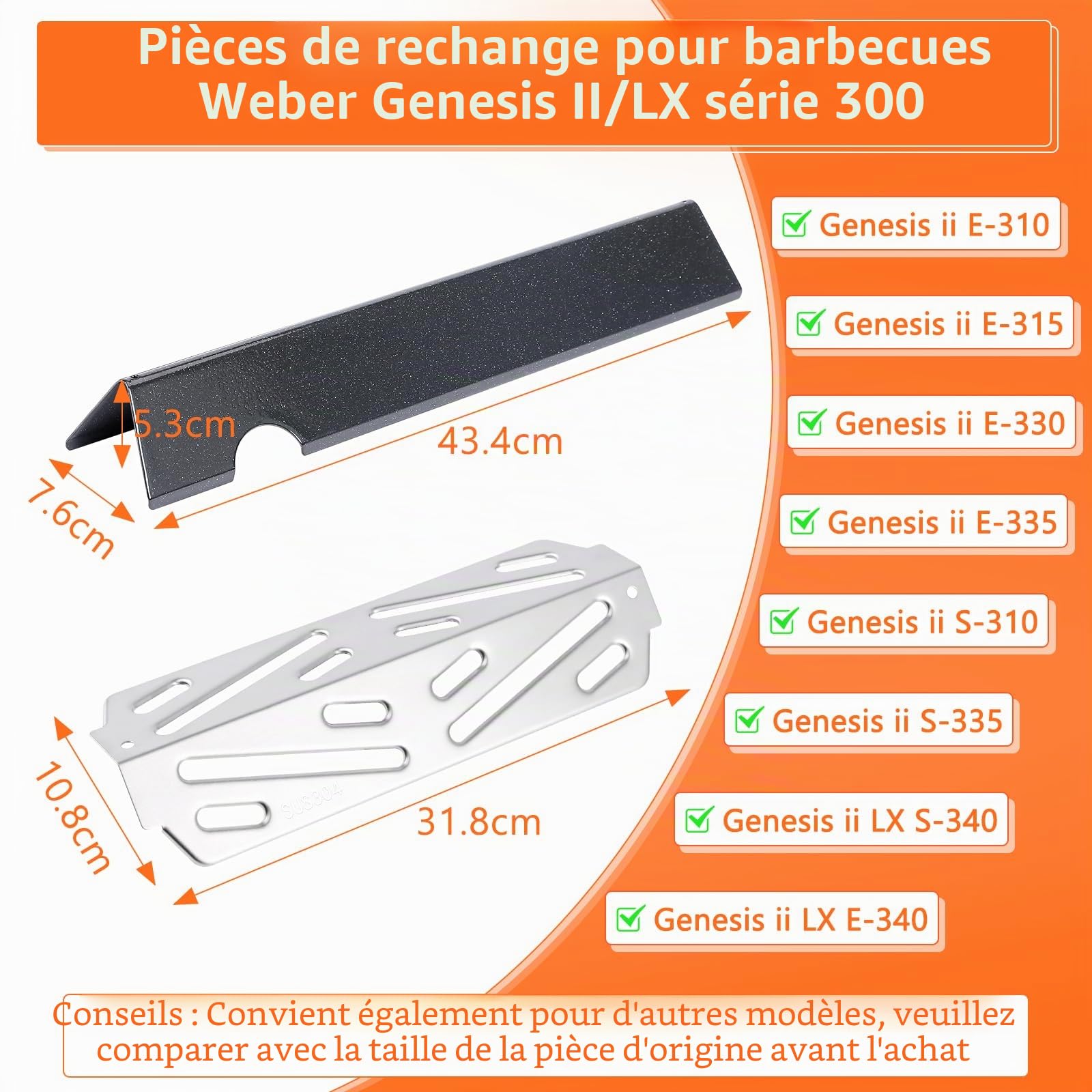 Denmay Flavorizer Bars 66032 et déflecteur de chaleur 66040 pour Weber Genesis II E-310, II E-330, II E-335, II S-335, II LX S/E-340 (2017 et plus récent), plaques chauffantes de rechange pour Weber