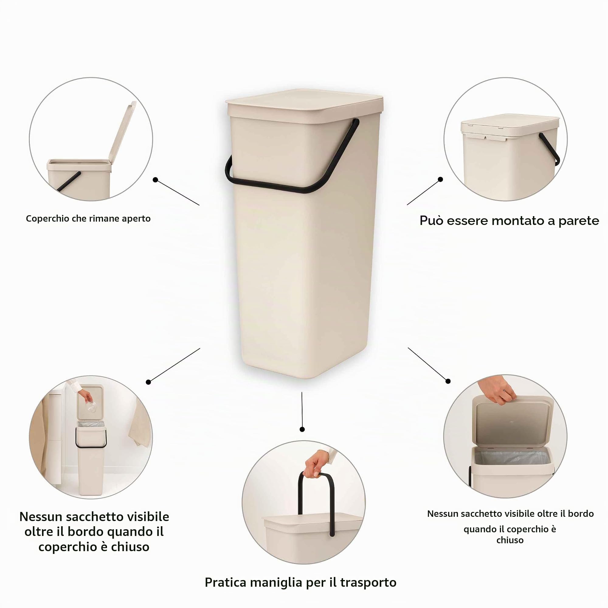 Brabantia Sort & Go Pattumiera 40L (Soft Beige), Pattumiera cucina in plastica con maniglia, Secchio spazzatura salvaspazio con coperchio stay open rimovibile, Cestino umido facile da pulire