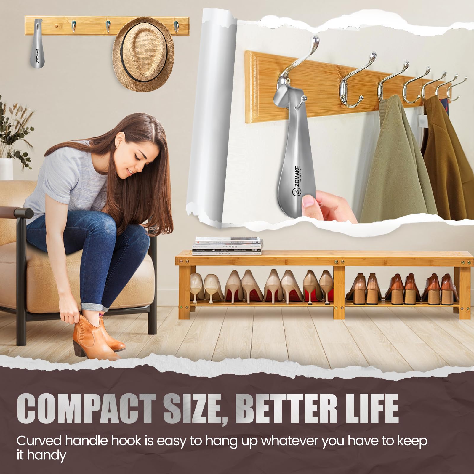 Calzador de Zapatos Pequeño Acero Inoxidable 15cm con Soporte de Pared Plateado