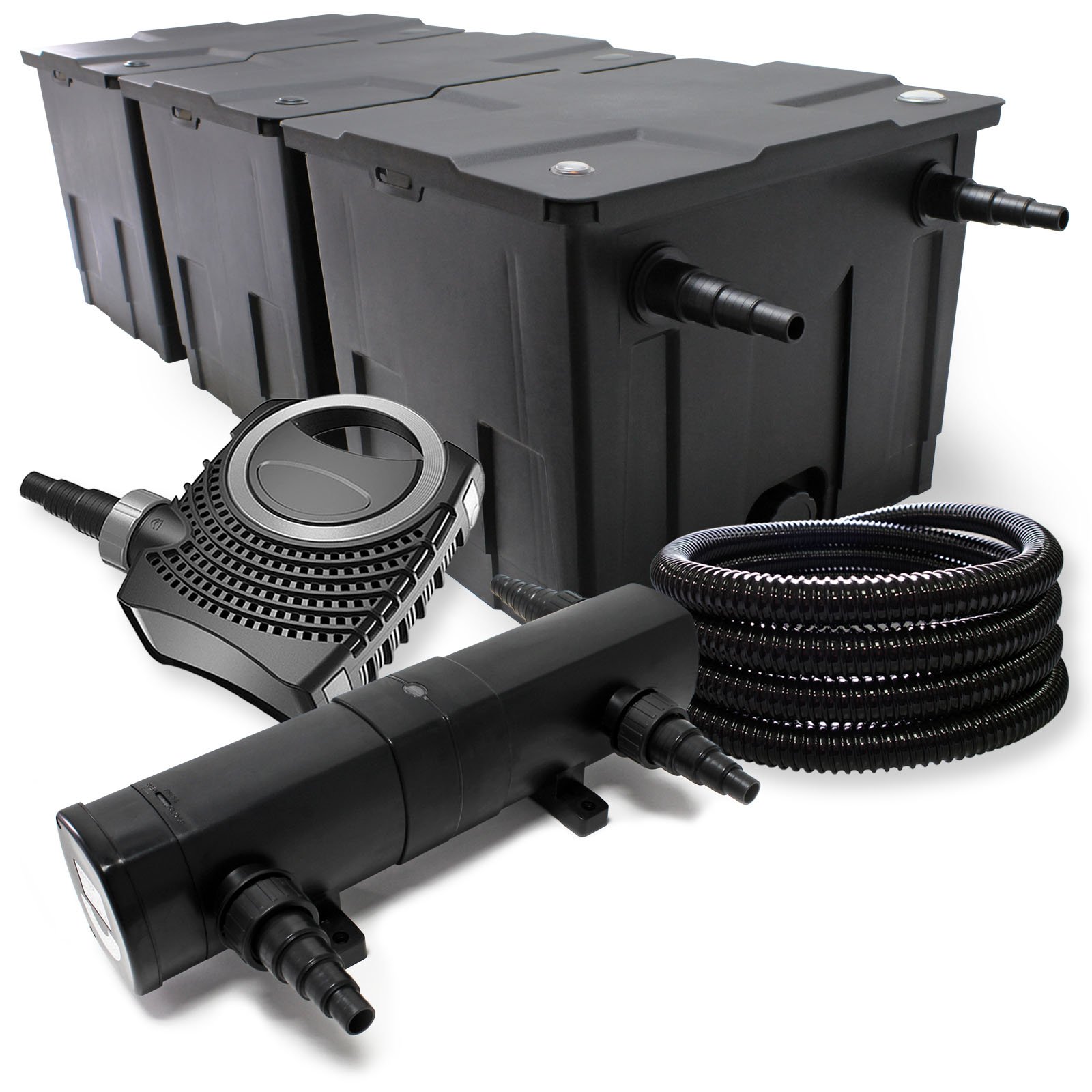 Set filtrante per laghetto Filtro bio da 90000l con Chiarificatore UVC 24W, Pompa 80W e Tubo 25m