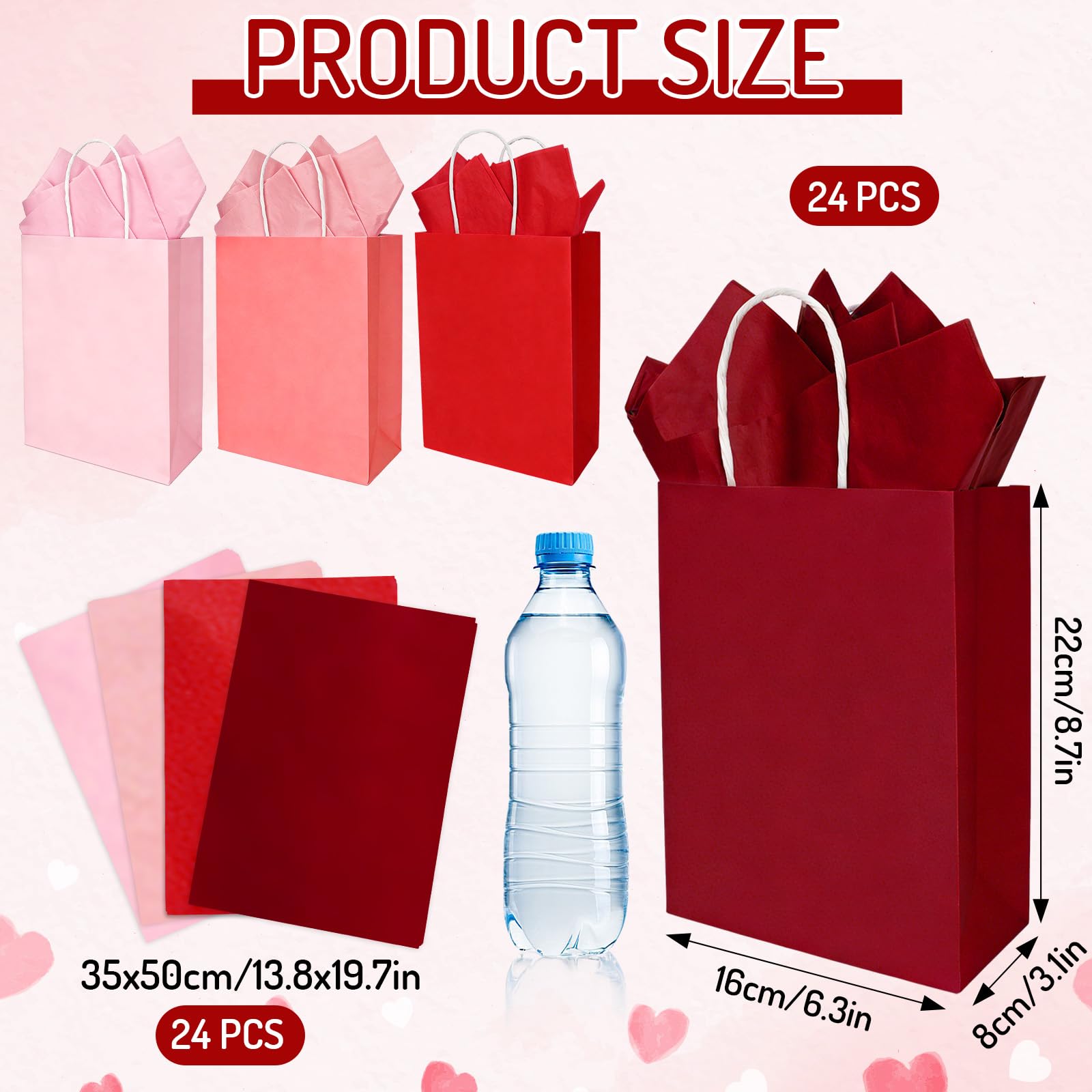 Whaline 24 Pcs Valentine's Day Gift Bags Valentines Kraft Paper Bags with Tissue Paper Gradient Red Pink Party Favor Bag Treat Goodie Bag for Anniversary Wedding Gift Giving Classroom Exchange Prizes
