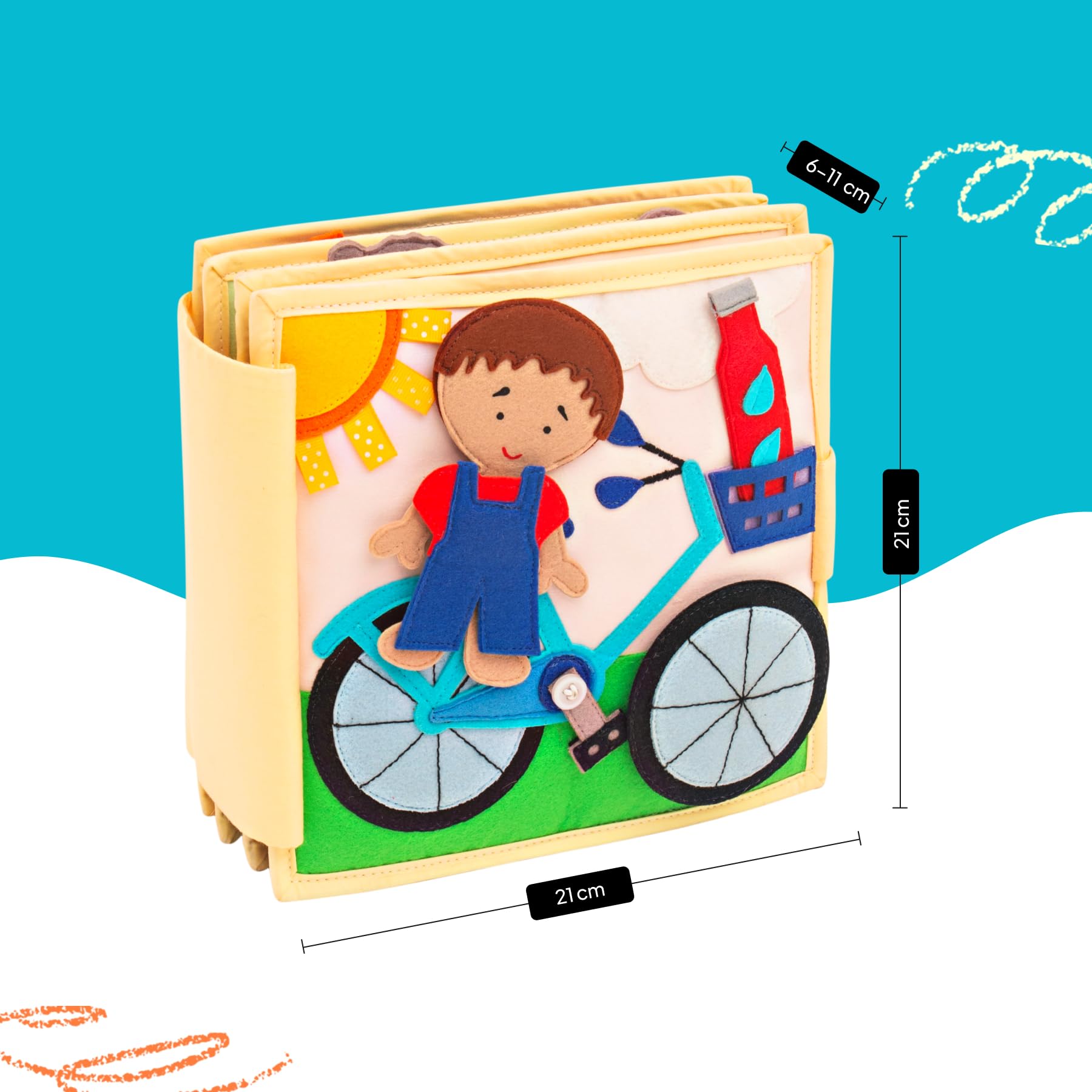 Jolly Designs – Mein erstes Fahrrad - 6 Seiten Quiet Book – Montessori Spielzeug ab 18 Monaten – Motorik & Sensorik fördern – Handgefertigtes Filzbuch – Lernspielzeug für Kleinkinder – Busy Book
