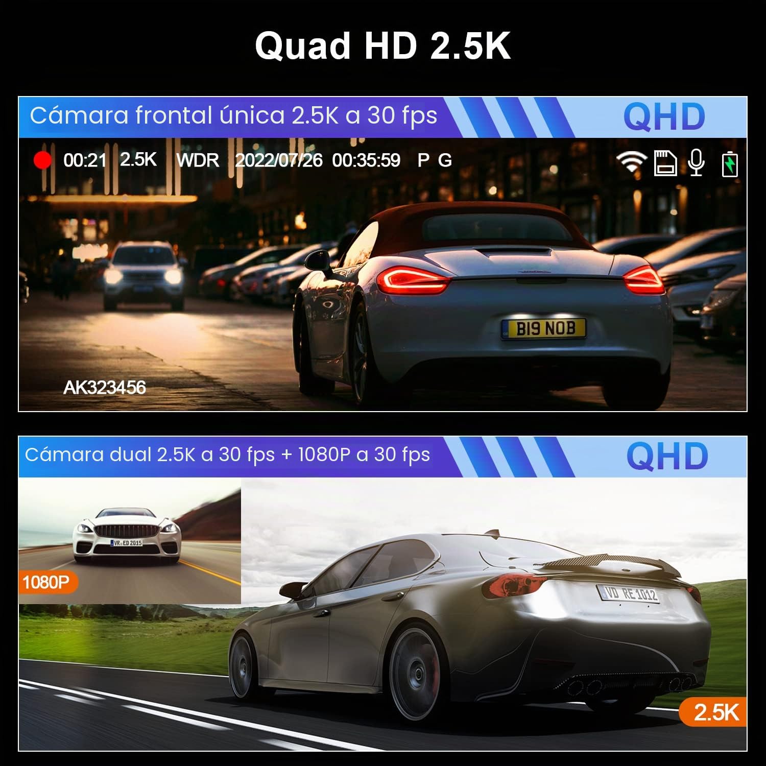 Dash CAM 1440P Cámara Delantera y Trasera 2.5K WiFi Dashcam para Coche Soporte App con Tarjeta SD de 32 GB, Carcasa de Metal, Super visión Nocturna, WDR, Modo estacionamiento, Soporte de 128 GB máx