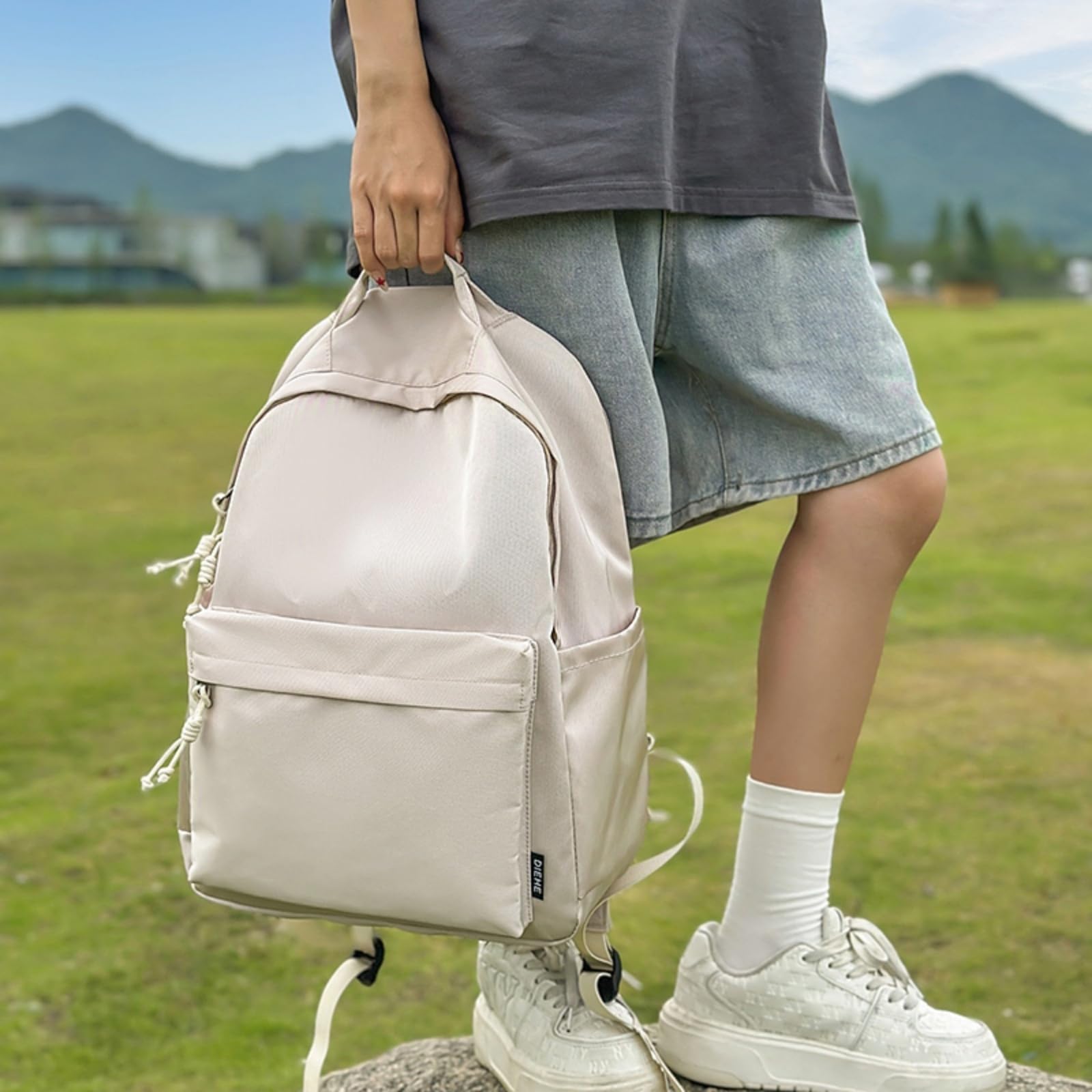 Zaino in Nylon Casual Multi Tasca, Scolastico per Laptop di Viaggio Giornaliero Adolescente-Beige