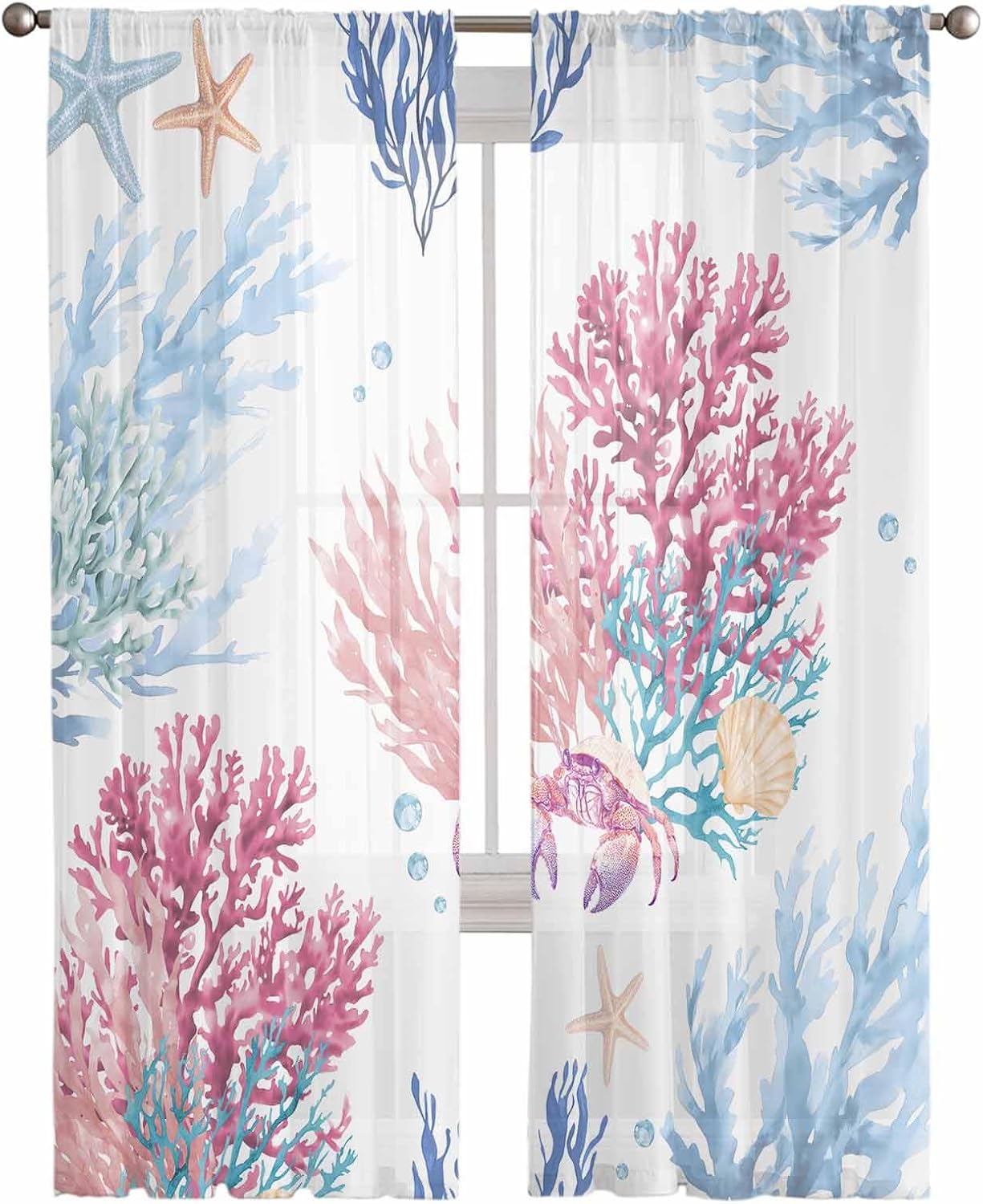 Semi Sheer Curtains for Windows, Coastal Marine Starfish Shell Crab Light Filtering Voile Drapes Ocean Colorful Coral Privacy Window Treatment for Bedroom Living Room Decor,72" Length 2 Panels Set