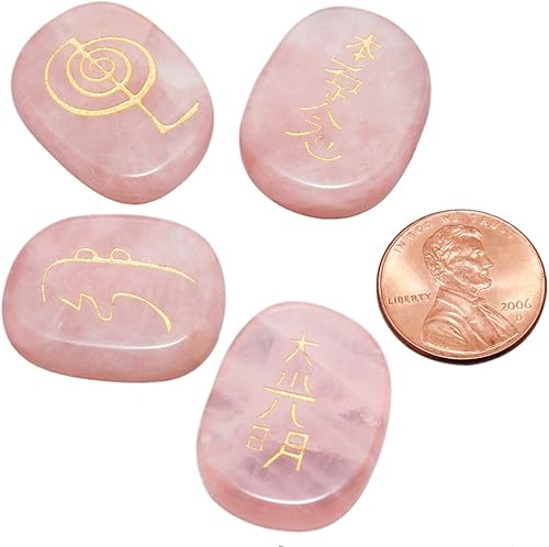Miniatura 4 de Rockcloud Cristal curativo de cuarzo rosa, 4 piezas, piedras de chakra grabadas, palmera, equilibrio de reiki