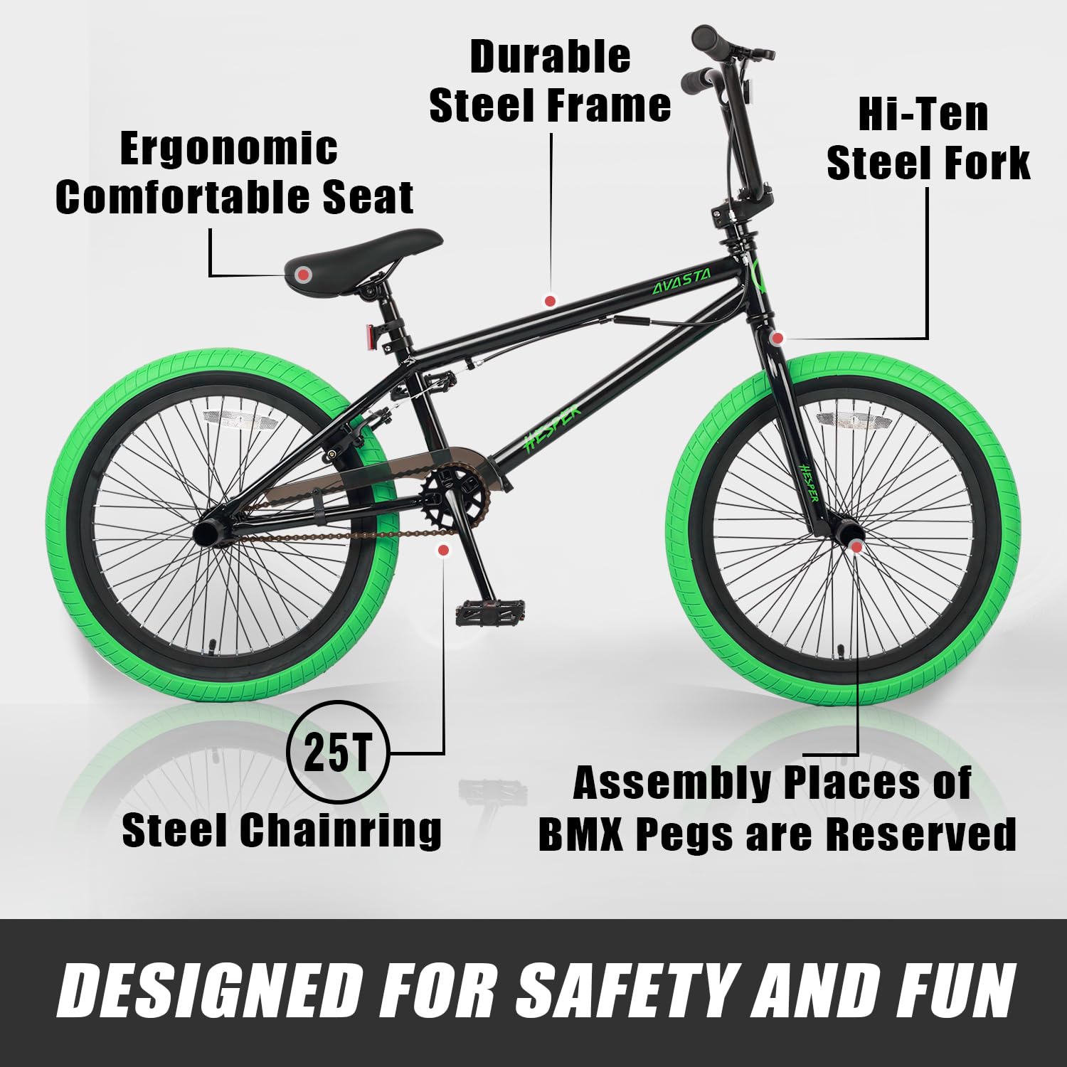 AVASTA Hesper - Bicicleta BMX Freestyle de 20 pulgadas para niños, con 4 reposapiés, bicicletas para niños de 6 a 14 años y principiantes, color negro con neumáticos verdes