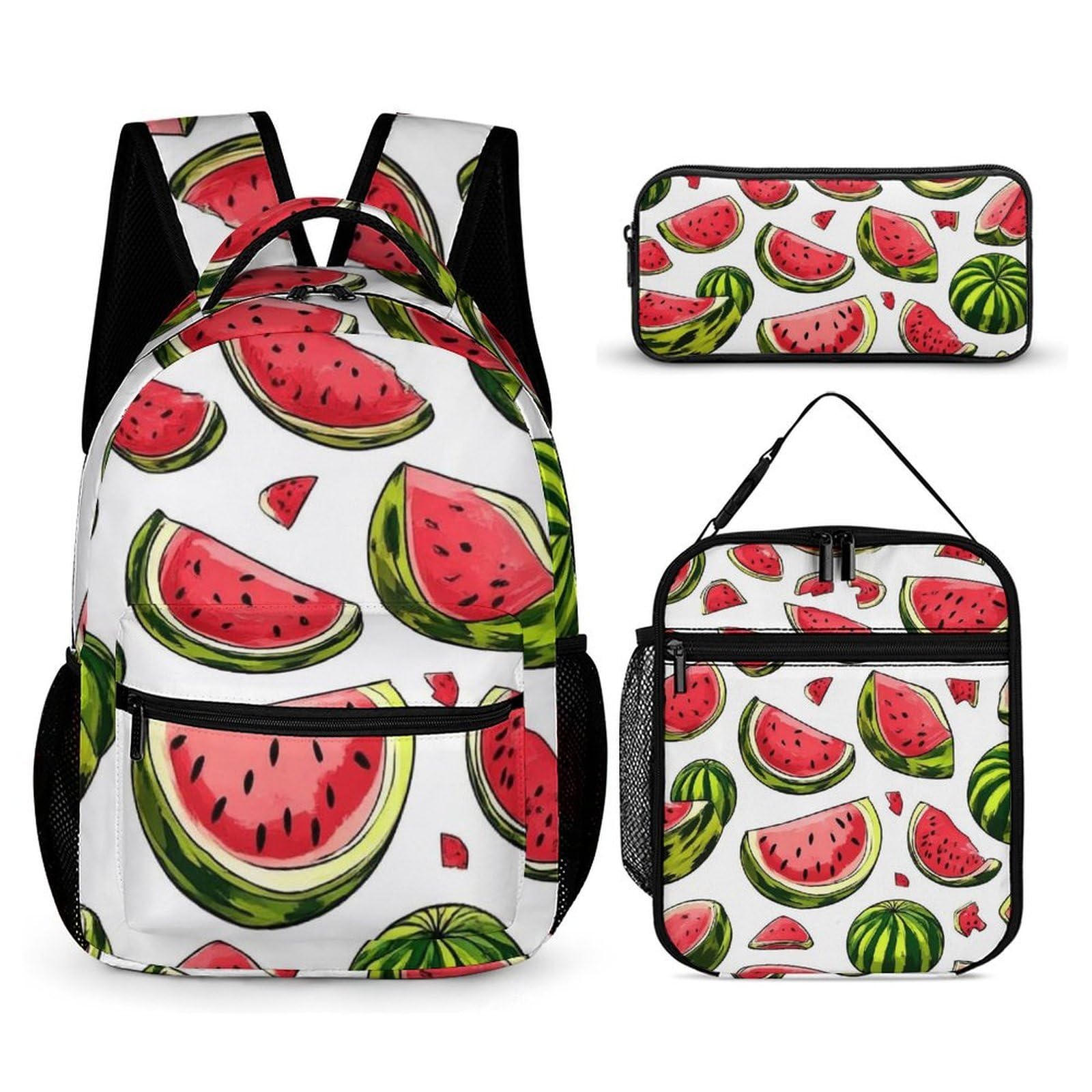 Mochila con bolsa de almacenamiento para lonchera, color rojo sandía y verde, conjunto de mochila escolar y cosmético.