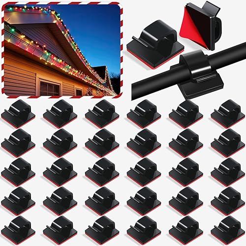 Miniatura 8 de Hicarer 100 piezas de clips adhesivos para luces de Navidad con ganchos para cables de cuerda al aire libre, clips adhesivos para cables, soporte de