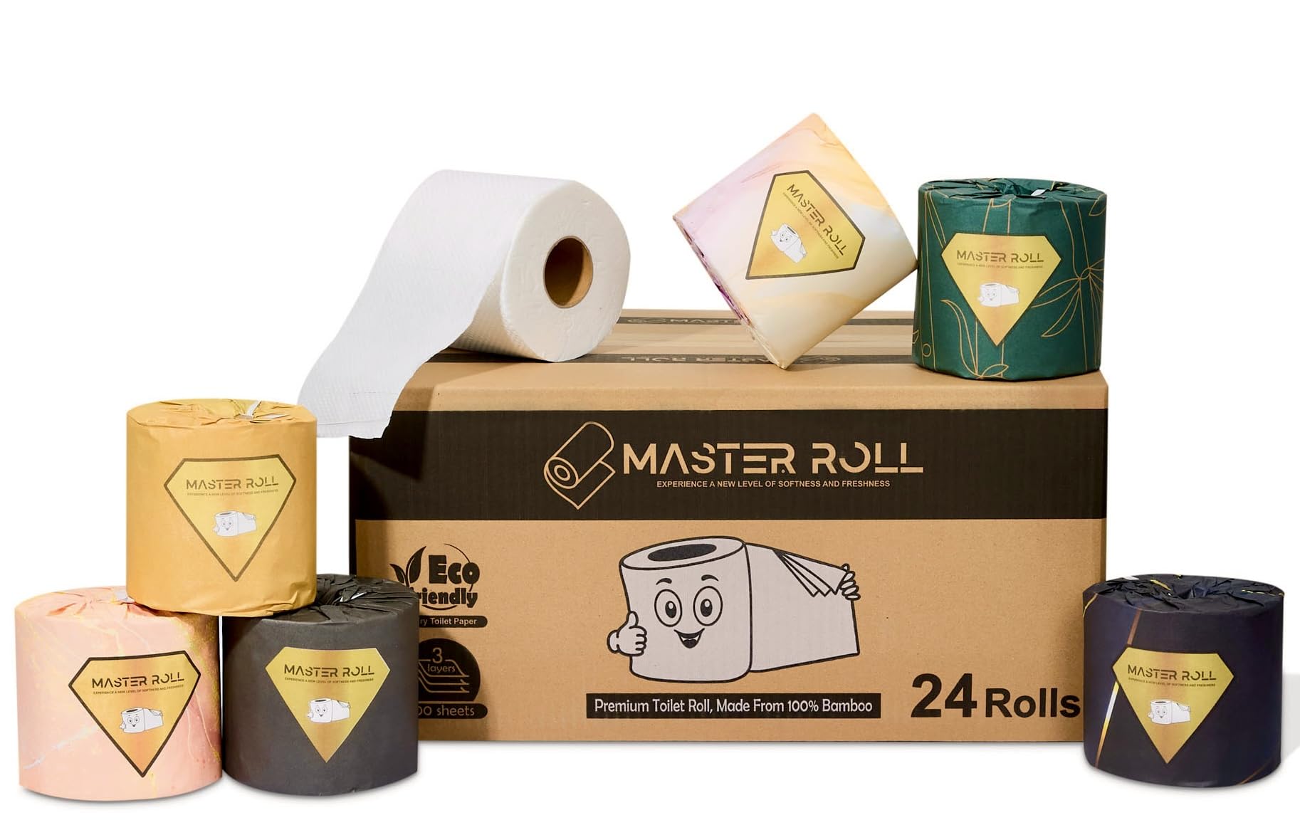 Master Roll Premium Bamboo Toilet Paper | 24 Rolls | 3-Ply, 300 Sheets | Eco Friendly Toilet Roll, Luxury, Soft, Strong, Absorbent, Vegan Friendly, Sustainable, Biodegradable, Plastic Free