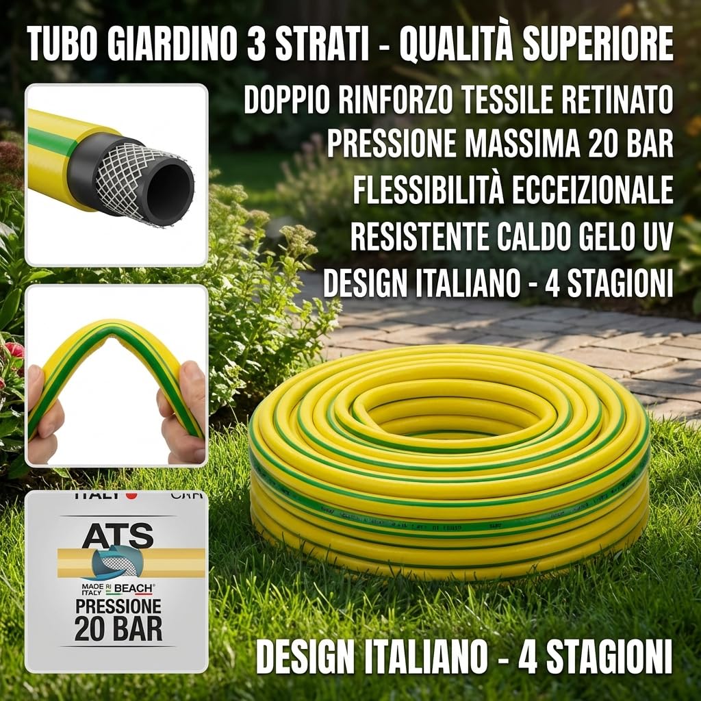 MAKA Tubo per Acqua Giardino 50 metri 5/8 Pollice 3 Strati Pressione 20 Bar Flessibile, Canna Acqua Giardino, Doppio Rinforzo Tessile Retinato Magliato Resiste a Caldo Gelo UV 4 Stagioni