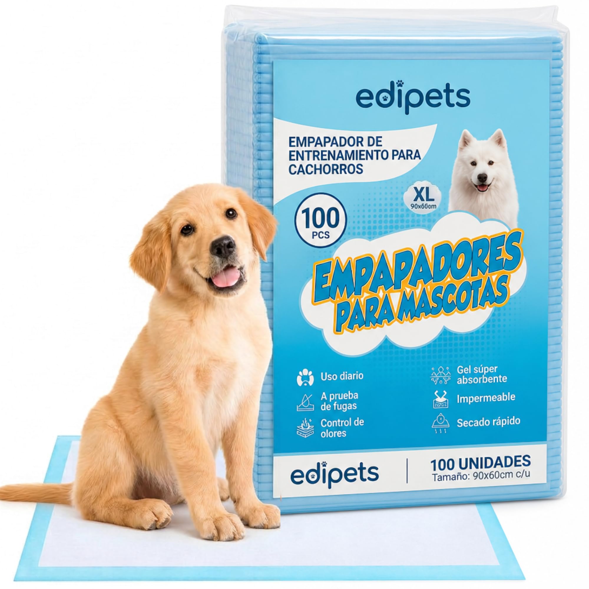 Edipets, Empapadores Perros, 90x60 cm, (Blanco - 100 Unidades), Alfombrillas Desechables para Mascotas, Toallitas de Entrenamiento y Adiestramiento, Absorbentes, Resistente a Prueba de Fugas