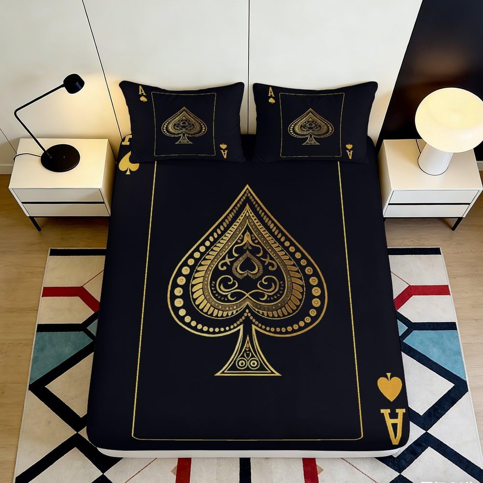 3D Printed Gold Ace of Spades Fitted Sheet Microfiber Black Poker Card Bed Cover for Bedroom Dorm Mattress Decor 120x200x25cm