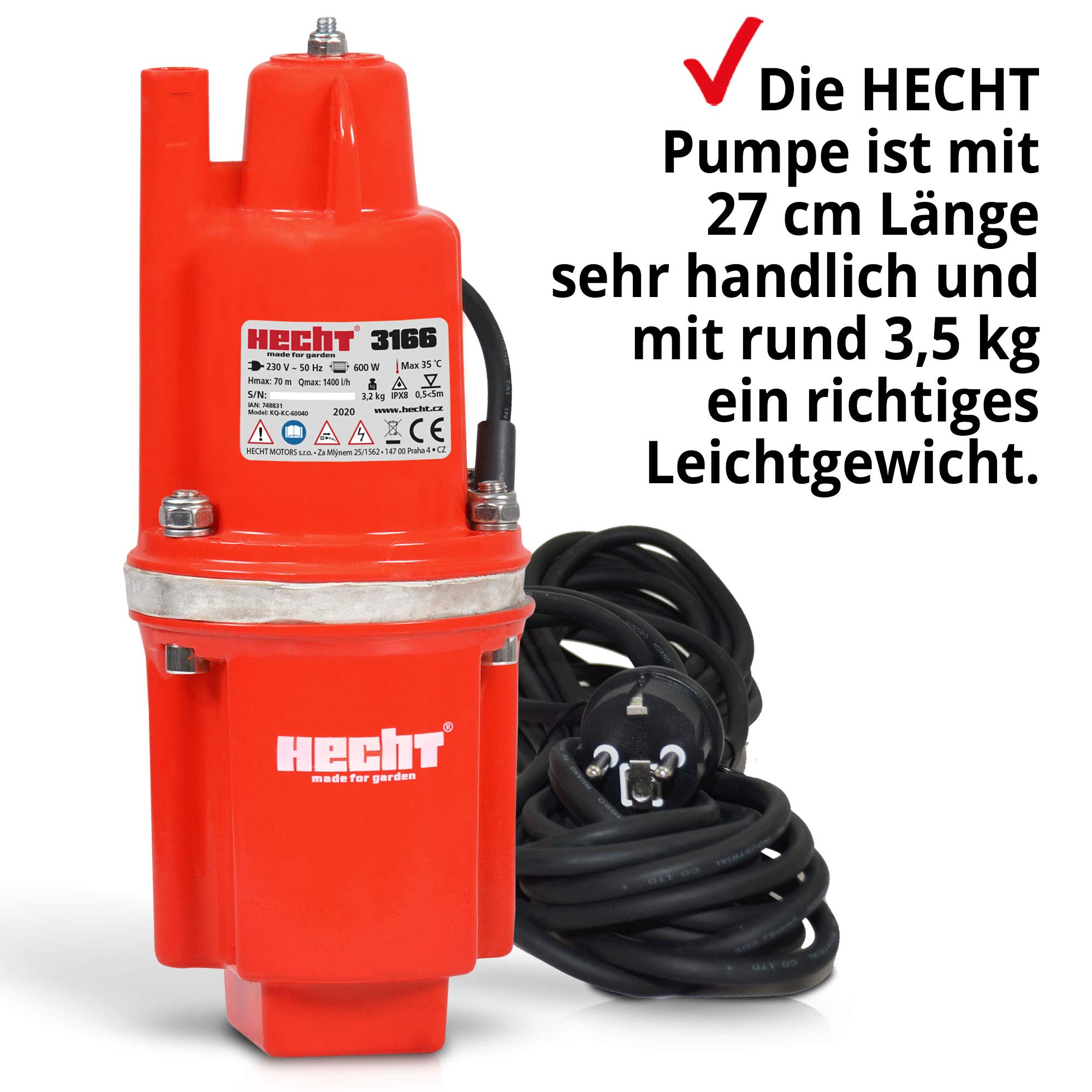 HECHT Tiefbrunnenpumpe 600 W 70 m Förderhöhe 1400 l/h DN 125 | 230-240 V, Membranpumpe, Tauchpumpe, Zisternenpumpe und Tiefenpumpe, flache Tauchtiefe 0,5-5 m