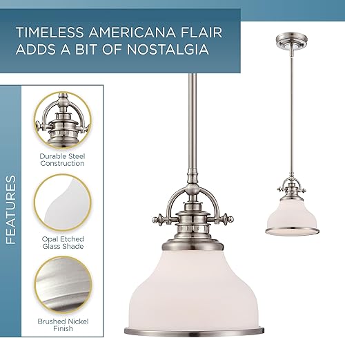 Miniatura 2 de Quoizel Grant Mini - Lámpara colgante de cristal grabado con ópalo de níquel cepillado de 8 pulgadas, lámpara de techo colgante para isla de cocina,